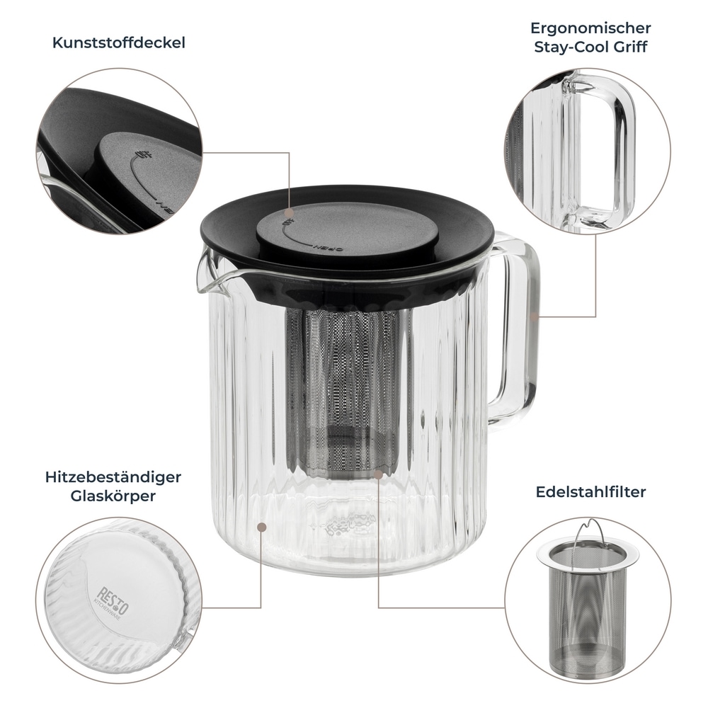 RESTO Kitchenware Teekanne »Ain, hitzebeständige Glaskanne im 3D Design, Höhe ca. 13 cm«, 1 l, (4 St.), mit herausnehmbarem Filtersieb aus Edelstahl, im Geschenkkarton
