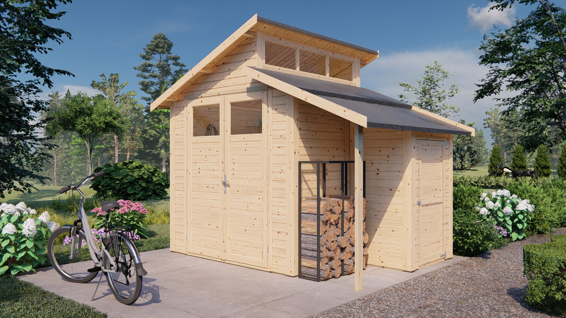BERTILO Gartenhaus »Studio Set 2, in verschiedenen Farben«, mit Doppelpultdach, Oberlicht und Dachverlängerung + Wandschrank