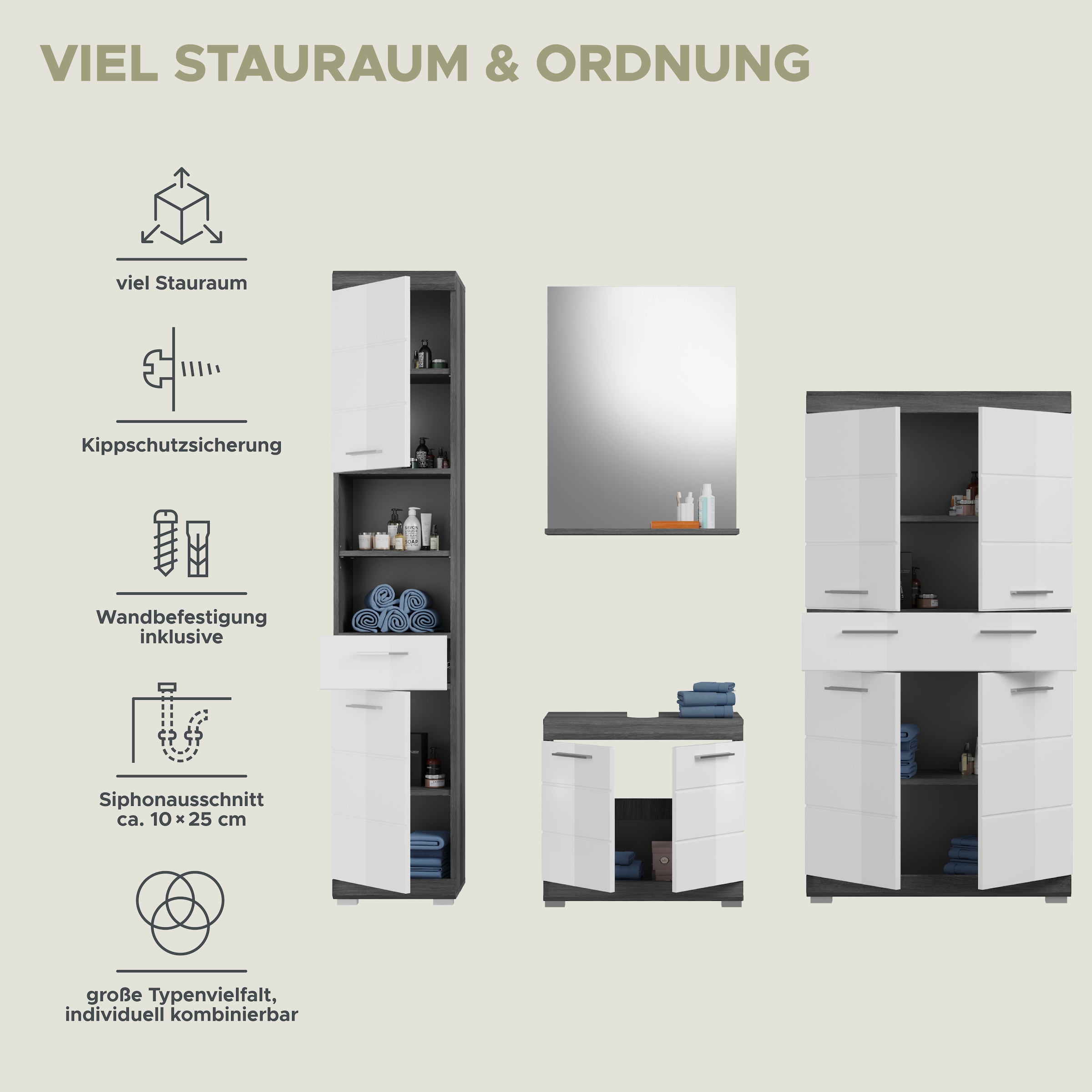 INOSIGN Badmöbel-Set »Siena, 4 teilig, bestehend aus:«, (Set, 4 St.), Hochschrank, Waschbeckenunterschrank, Badspiegel, Midischrank
