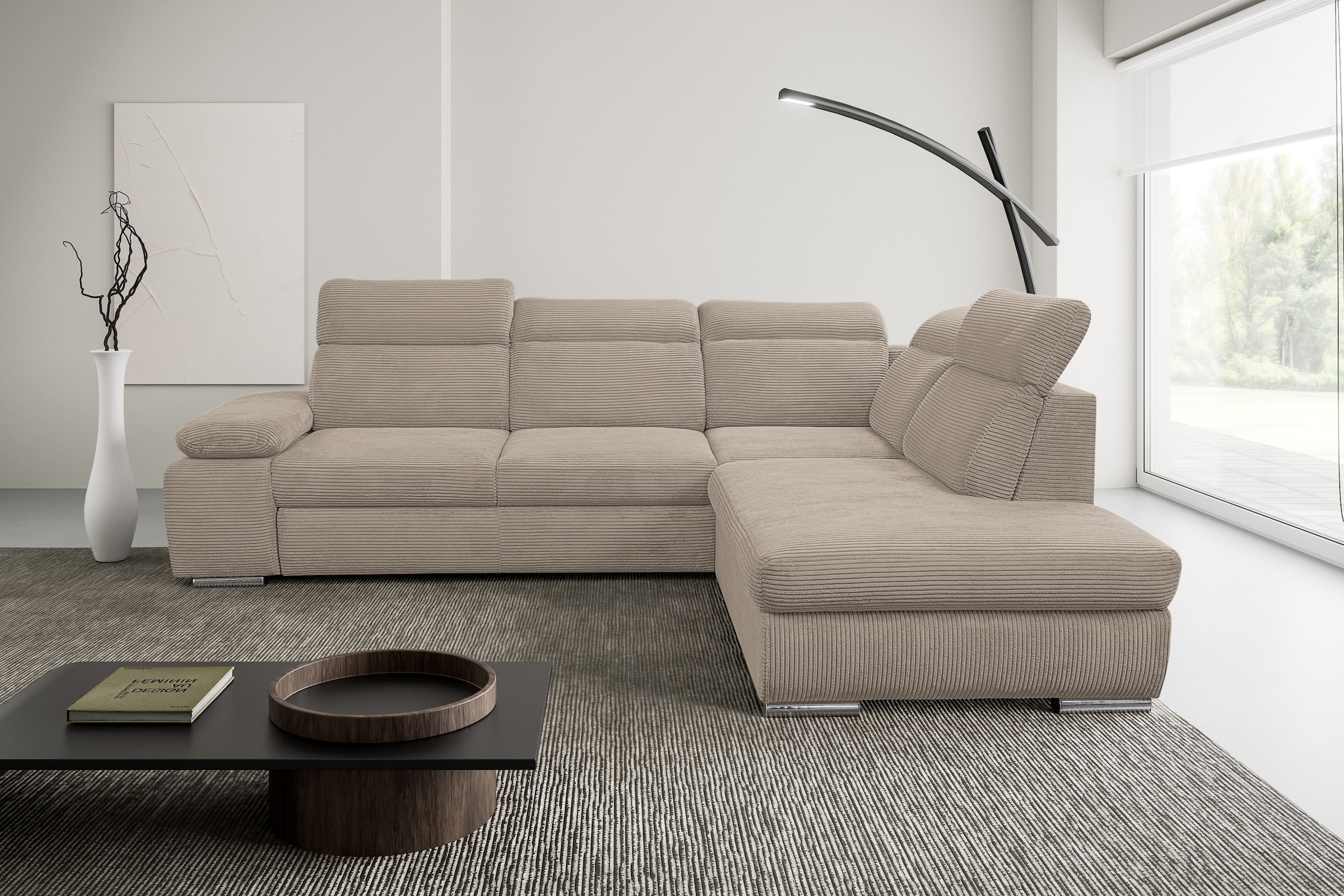 WERK2 Ecksofa »Alicante Kopfteilverstellung, Bett & Bettkasten, Cord, L-Form, bequem« Cord, L-Form, XXL, Schlaffunktion, Bettkasten