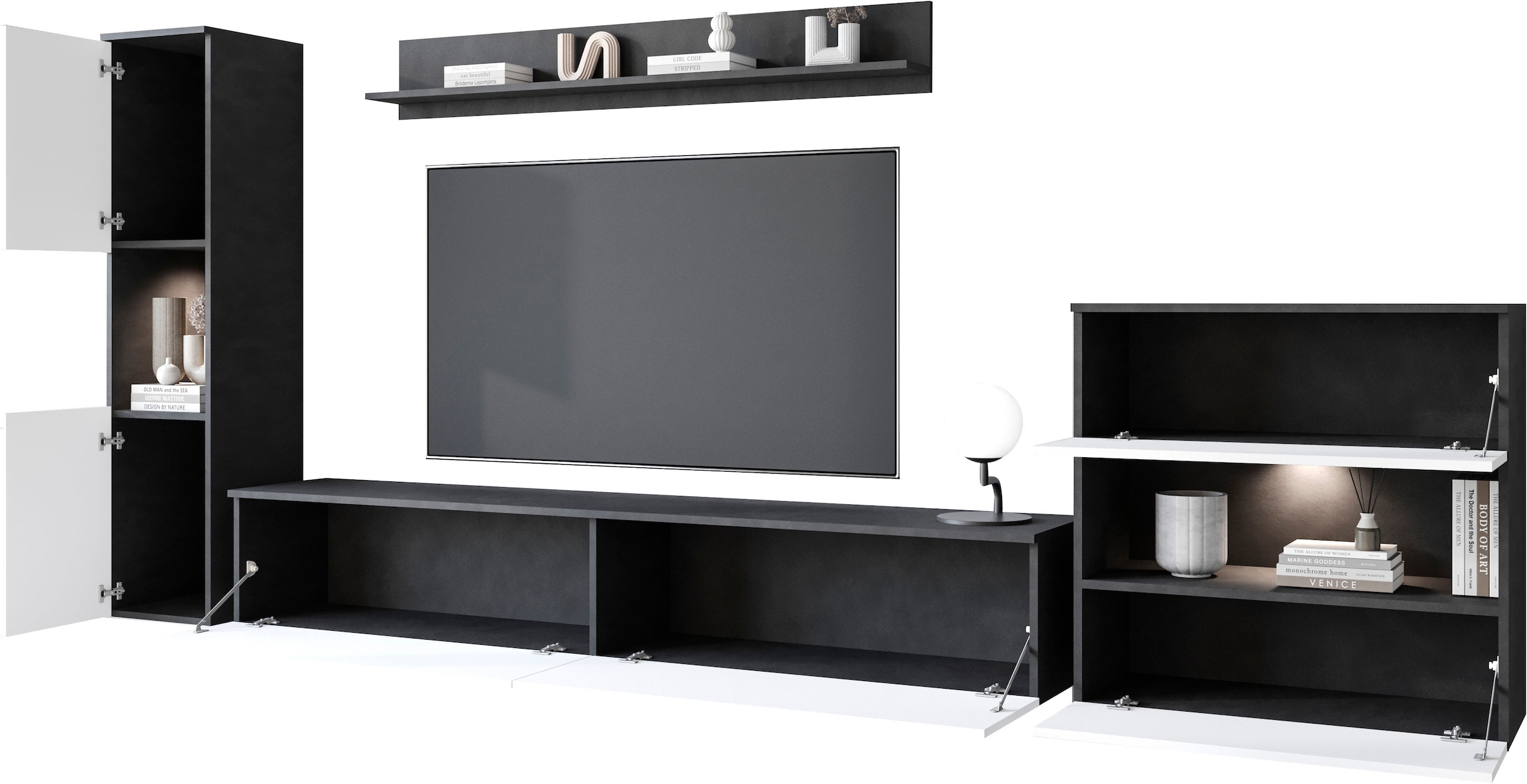 INOSIGN Wohnwand »PARIS«, (Komplett-Set, 4 St.), TV-Wand 300cm breite, grifflose Design, stehend und hängend montierbar