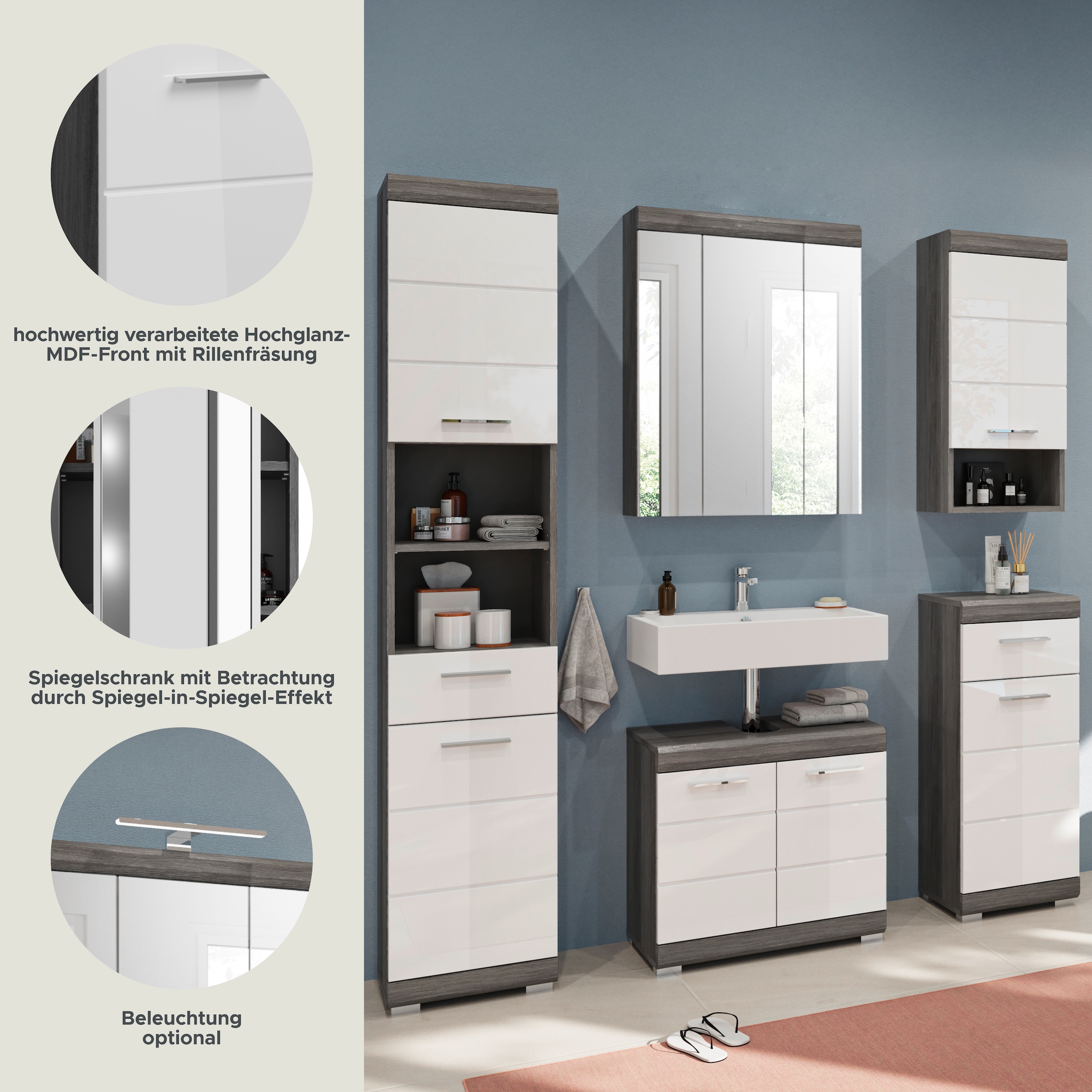 INOSIGN Badmöbel-Set »Siena, 5 teilig, bestehend aus:«, (Set, 5 St.), Hochschrank, WBU, Spiegelschrank, Unterschrank, Hängeschrank