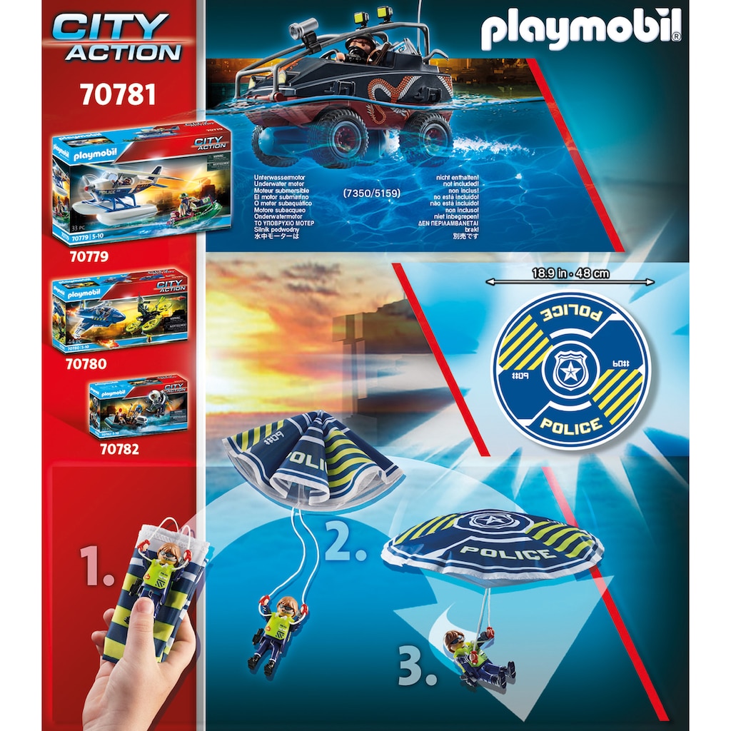 Playmobil® Konstruktions-Spielset »Polizei-Fallschirm: Verfolgung des Amphibien-Fahrzeugs (70781)«, (80 St.)