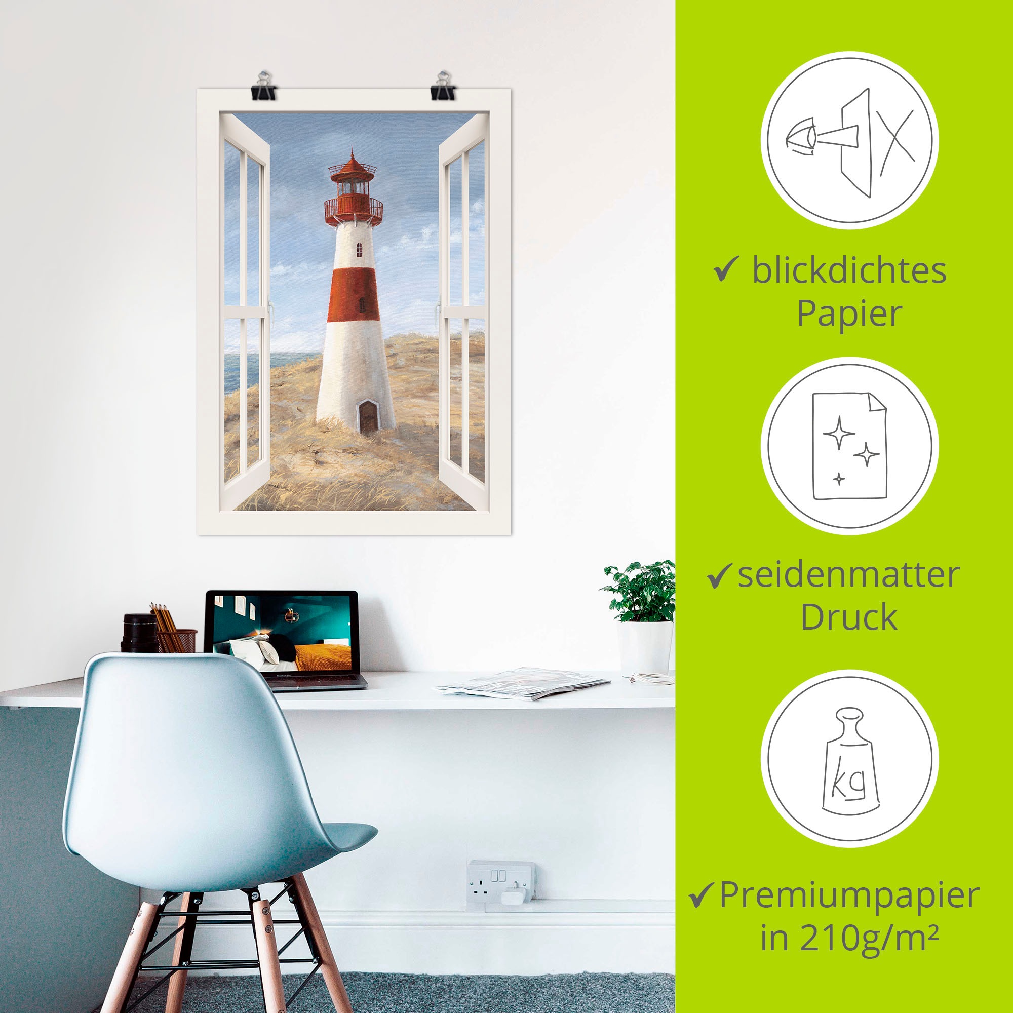Artland Wandbild »Leuchtturm I Fensterblick«, Gebäude, (1 St.), als Alubild, Outdoorbild, Leinwandbild, Poster in verschied. Größen