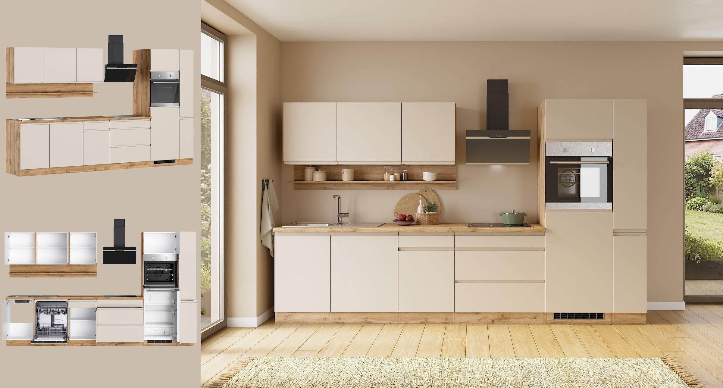 KOCHSTATION Küchenzeile »KS-Virginia,neu in verbesserter Ausführung« Arbeitsplatte 38 mm stark, Stauraum, Softclose,  Breite 330 cm, Soft-Close, ohne E-Geräte