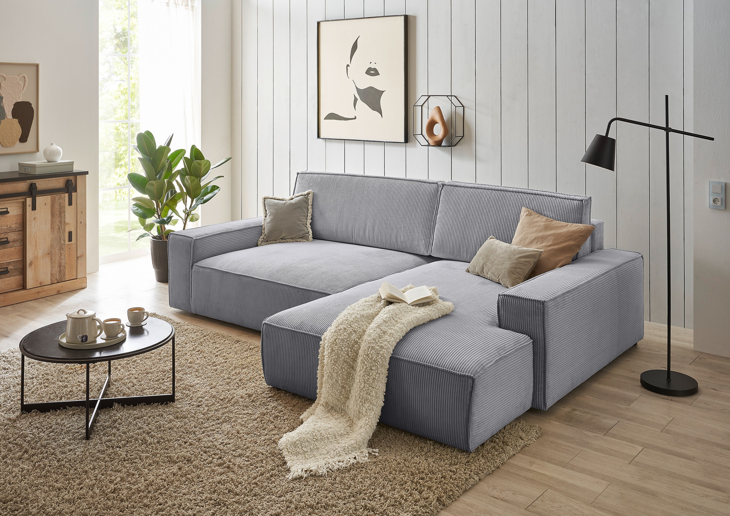Home affaire Ecksofa »NEU: SHERWOODL XXL 284, Big-Sofa L-Form, tiefe Sitzfläche 95 cm, Cord,«, Leinenoptik, Recamiere rechts/links, auch als Schlafsofa stellbar