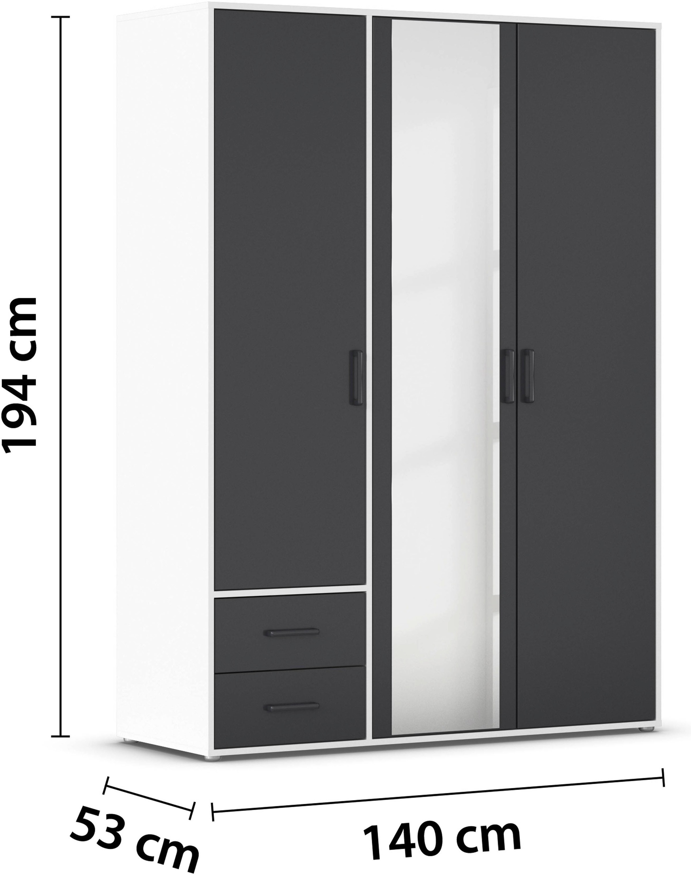 rauch Drehtürenschrank »Kleiderschrank Schrank Garderobe Wäscheschrank VOYAGER«, (in 3 verschiedenen Ausstattungen BASIC/CLASSIC/PREMIUM), mit modernen Griffen in Graumetallic, inkl. Schubkästen und Spiegel