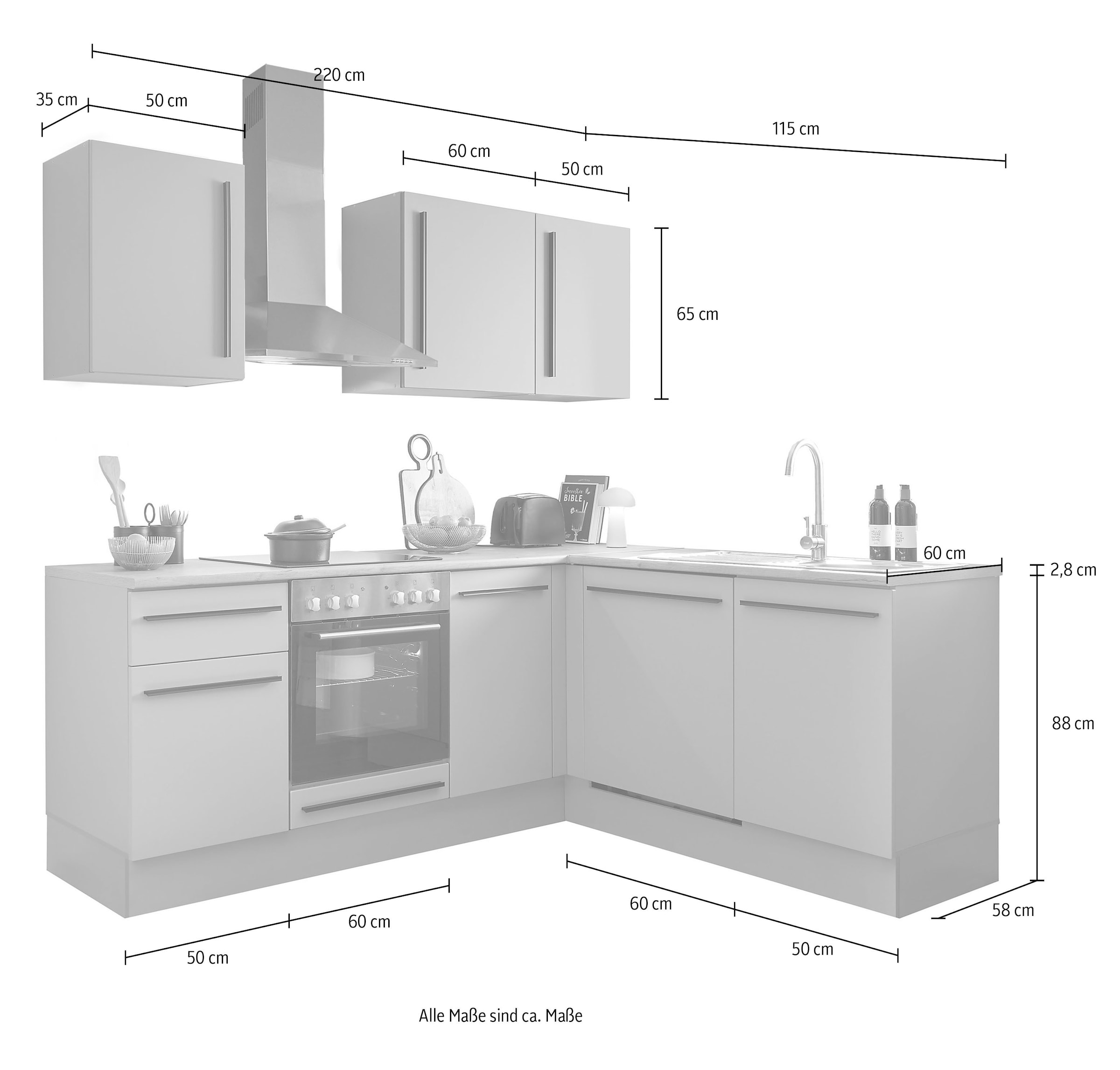 BASIC by Balculina Winkelküche »Denver, Küche BxHxT 220/115 x 211 x 60«, Breite 220 cm, wahlweise mit E-Geräten und Induktion