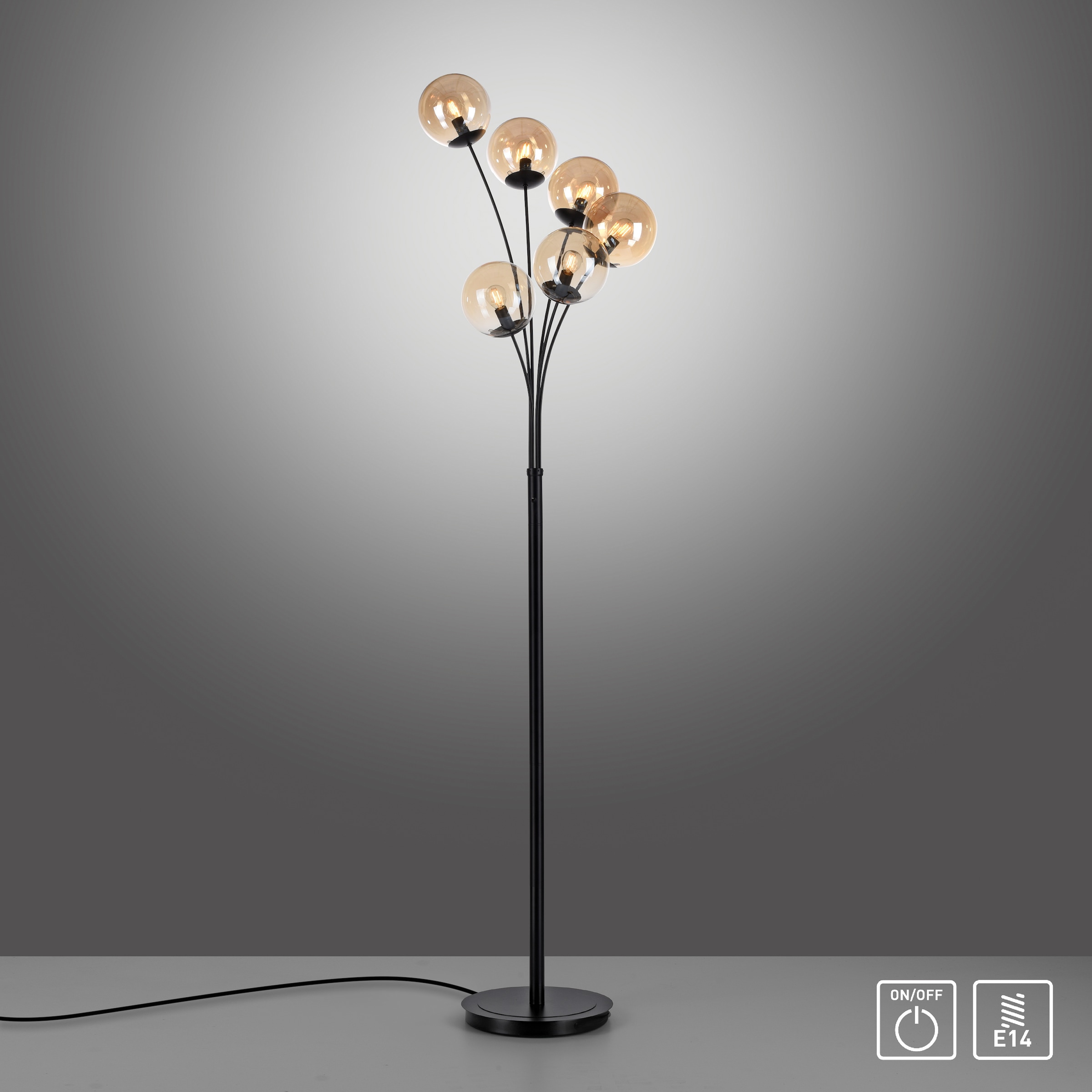 andas Stehlampe »Nymölla«, 6 flammig-flammig, lackiert online Oberfläche schwarz großen mit bestellen Glaskörpern, amberfarbigen