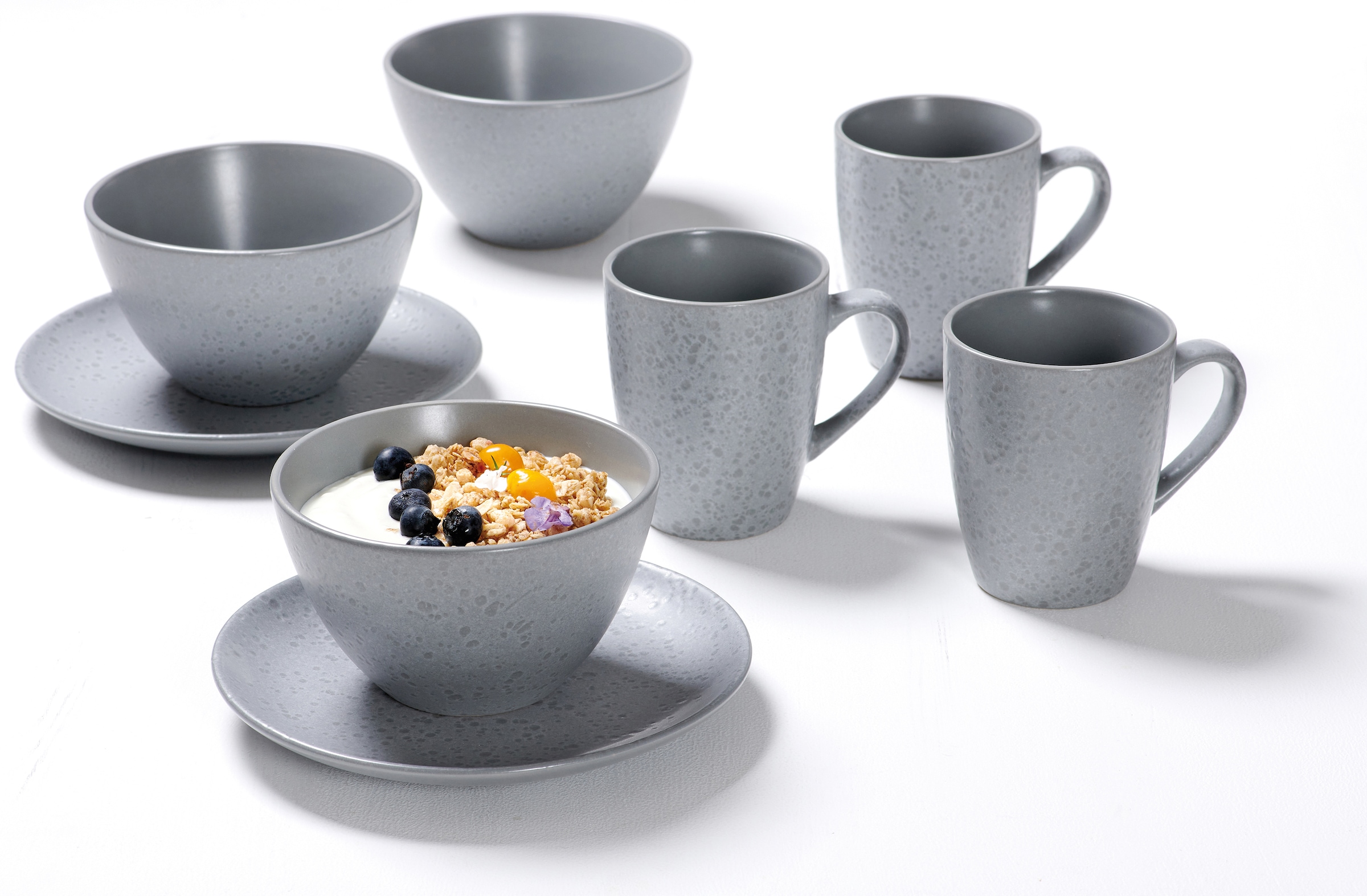 Ritzenhoff & Breker Frühstücks-Geschirrset »Service, Kitwe (Teller, Schale, Kaffeebecher)«, (Set, 12 tlg., 4 Kaffeebecher (370 ml), 4 Schalen, 4 Frühstücksteller), Reaktivglasur, jedes Stück ein Unikat, 12 Teile, für 4 Personen