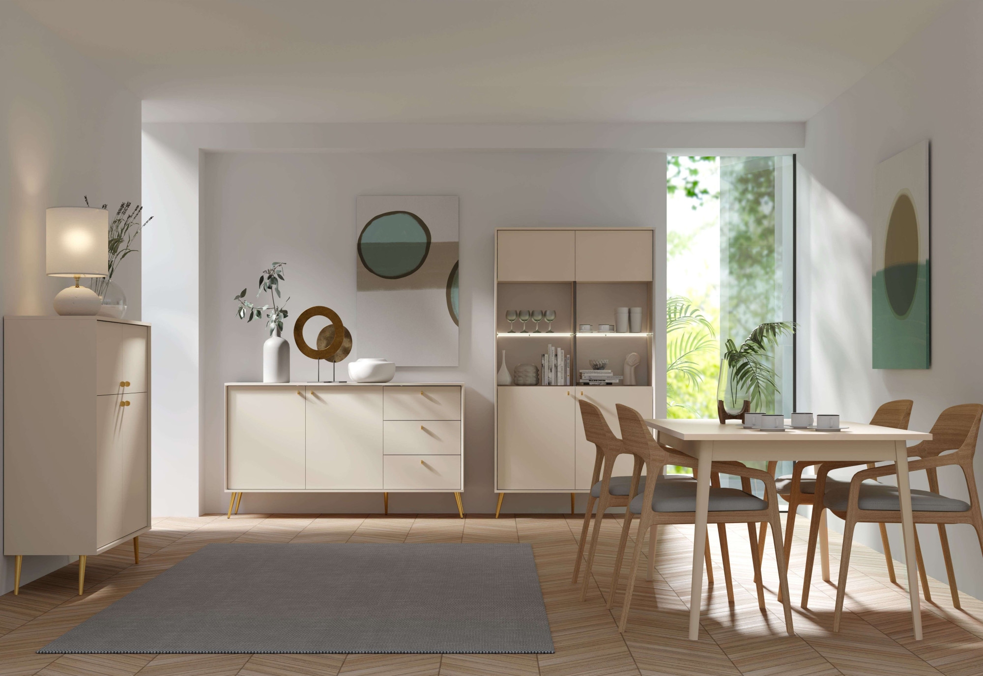 Home affaire Kommode »ROMELIS Sideboard mit 3 Schubladen und 2 Türen, B/T/H: 156/40,5/89 cm« Beige Kommode mit goldenen Griffen auf goldenen Füßen, viel Stauraum