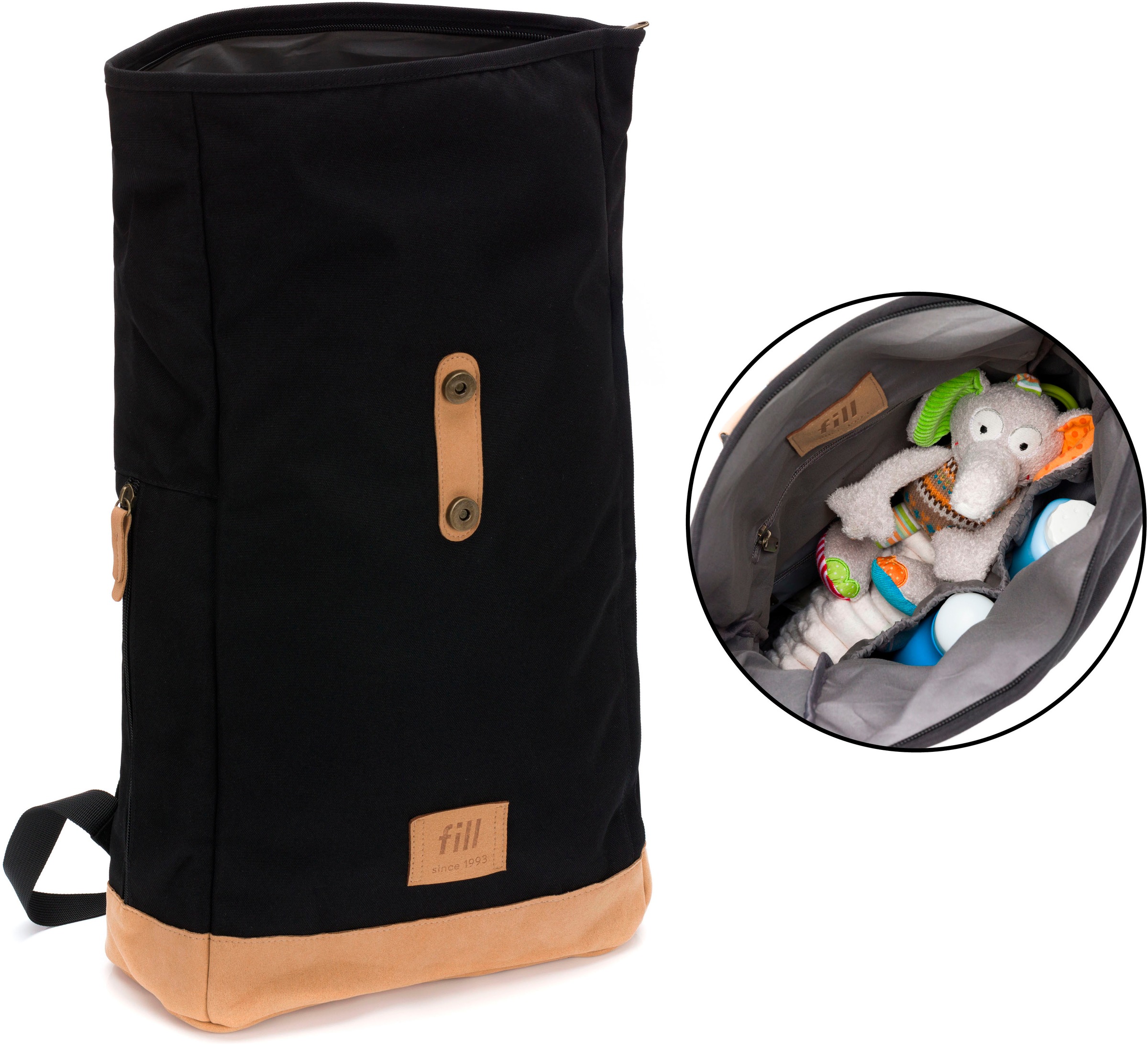 Fillikid Wickelrucksack »Rolltop Berlin schwarz«, Reflektoren, inkl. Wickeltunterlage