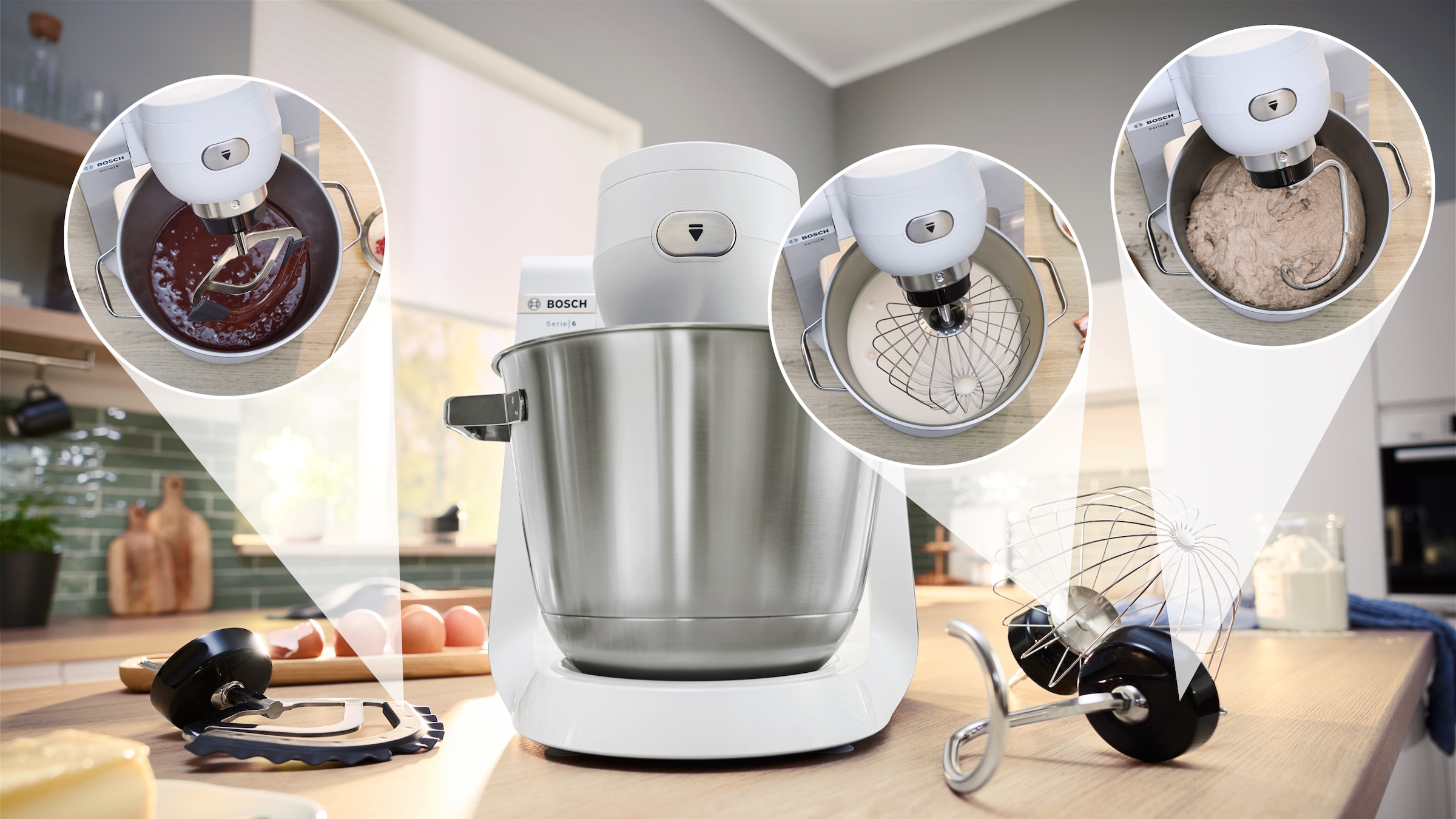 BOSCH Küchenmaschine »Serie 6 MUMS6EW18, 2 Schüsseln (Edelstahl, Kunststoff), Deckel, weiß«, 7 Stufen, Knethaken/Rühr-/Silikonbesen, spülm.fest, Schüssel BPA-frei