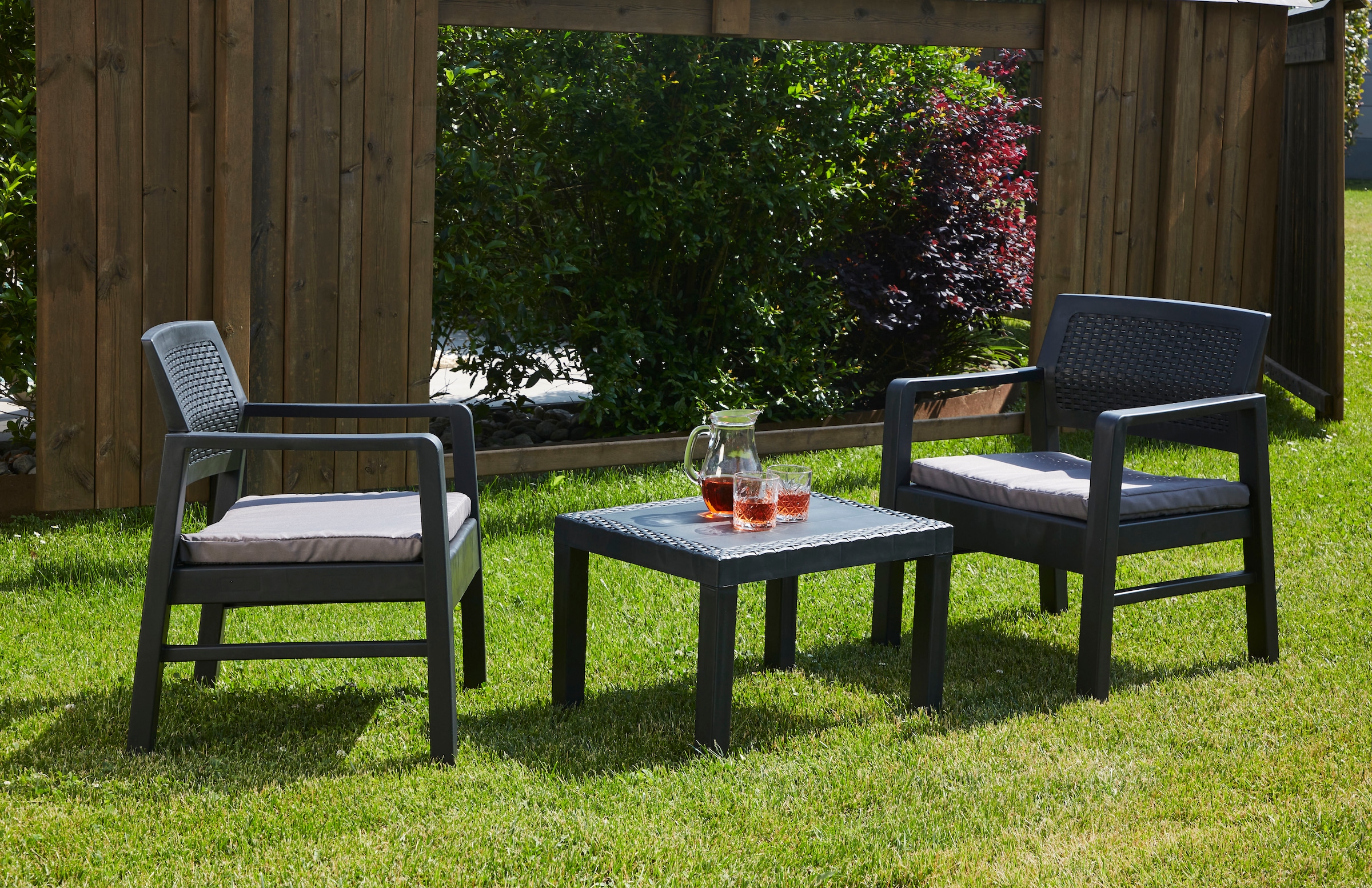 Progarden Balkonset »Kraka« Set, 3 tlg. anthrazit, inkl. Kissen, Outdoor Kunststoff-Lounge-Set