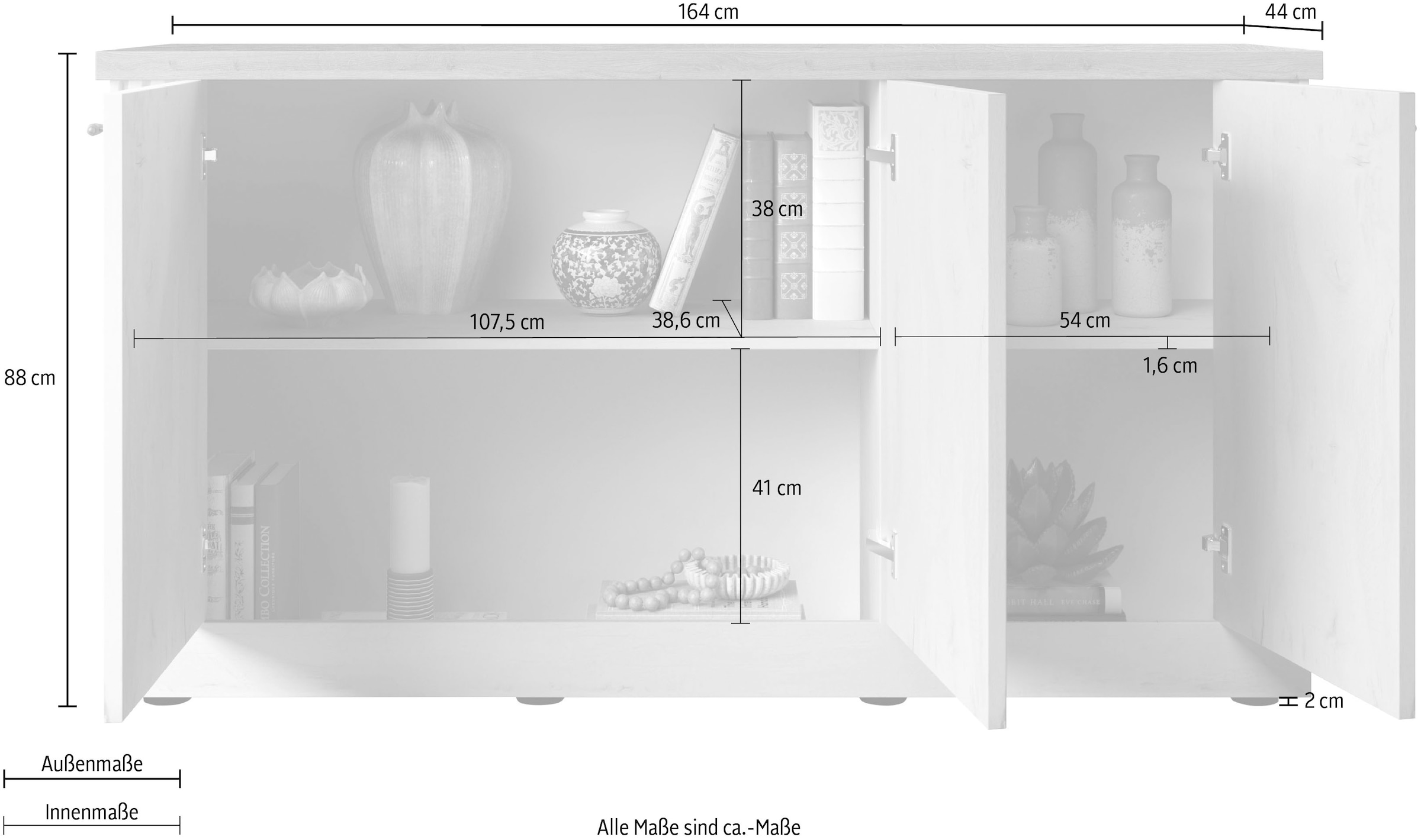 Home affaire Sideboard »Country Breite 164 cm, Kommode mit 3 Türen, Anrichte im«, Landhausstil, viel Stauraum, mit Metallgriffe, MDF Rahmen