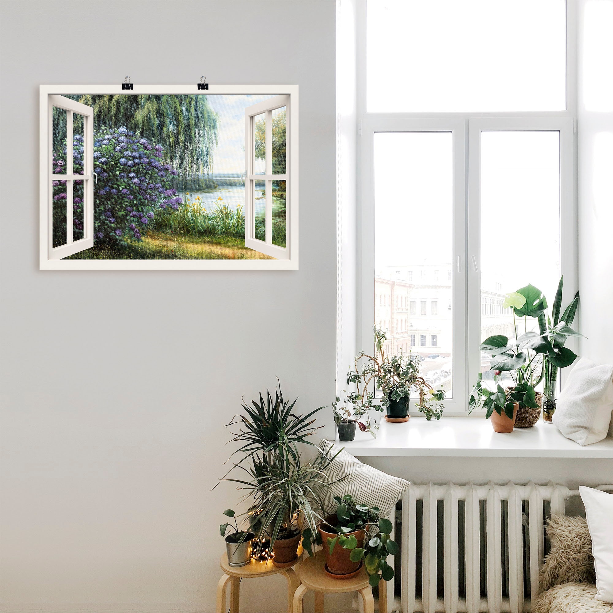Artland Wandbild »Hortensien am See«, Fensterblick, (1 St.), als Leinwandbild, Poster, Wandaufkleber in verschied. Größen