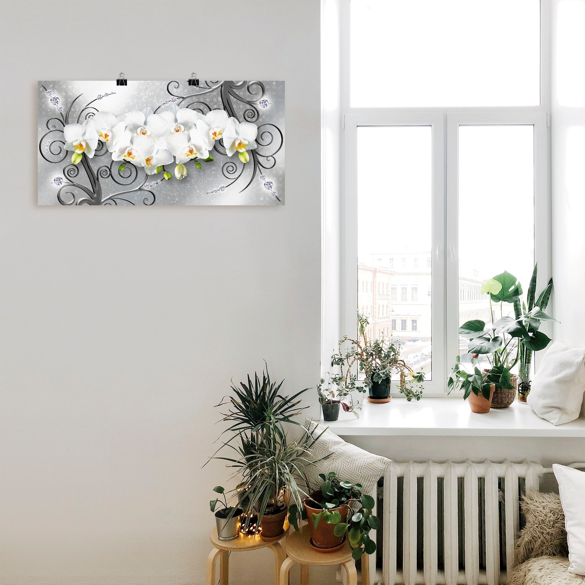 Artland Wandbild »weiße Orchideen auf Ornamenten«, Blumenbilder, (1 St.), als Alubild, Outdoorbild, Leinwandbild, Poster, Wandaufkleber