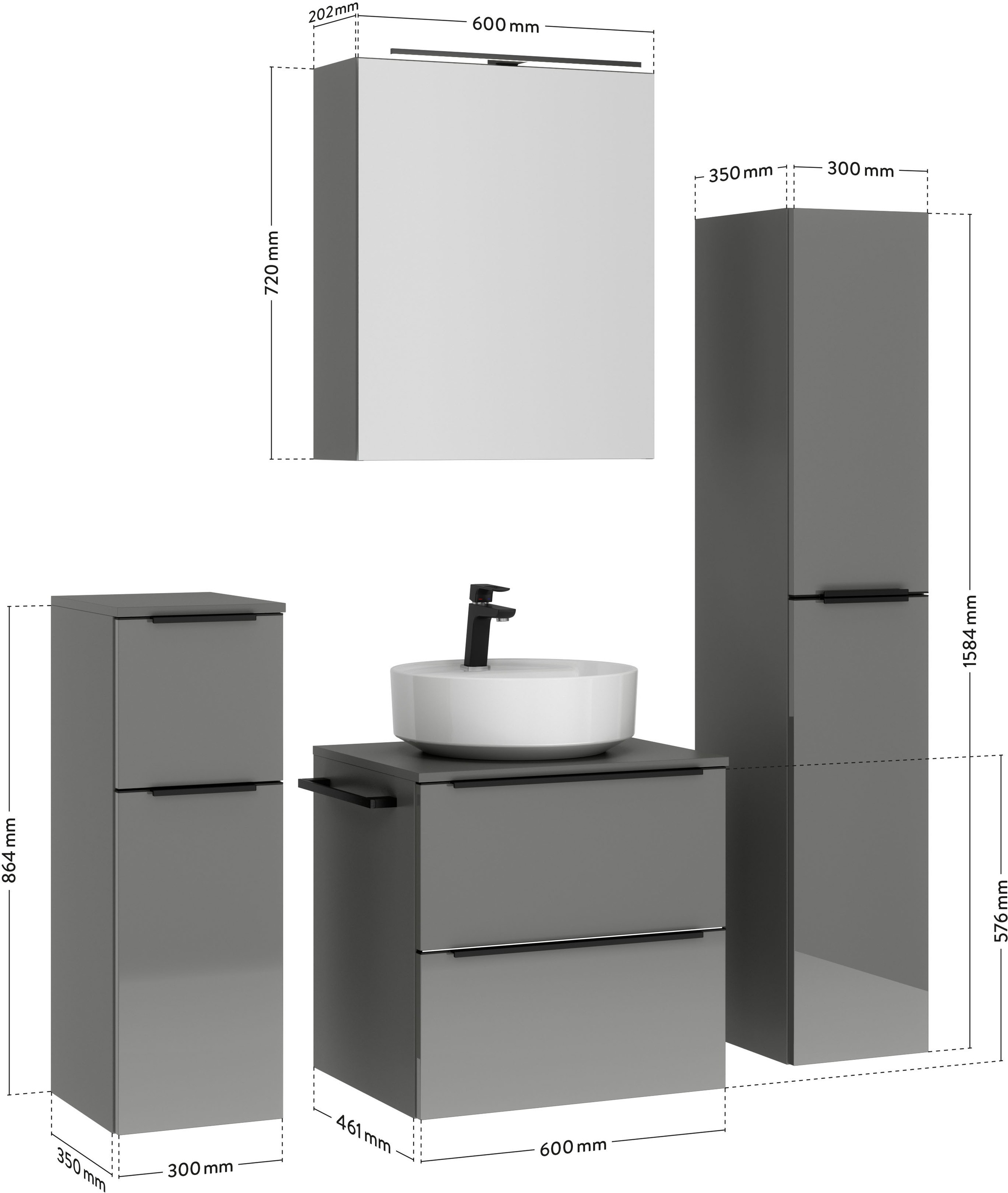 nobilia® Badmöbel-Set »Alvene«, (4 St., vormontiert, mit Soft-Close), inkl. Spiegelschrank mit Beleuchtung und Dimmerfunktion, in 4 Breiten