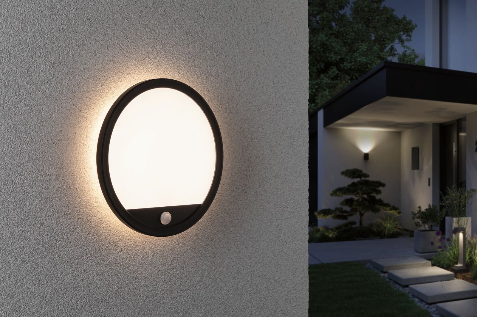 Paulmann LED Außen-Wandleuchte »Außenpanel Lamina rund 280mm 3000K 14,5W 1200lm 230V Kunststoff«, 1 flammig, Backlight Bewegungsmelder seewasserresistent IP44 1200lm