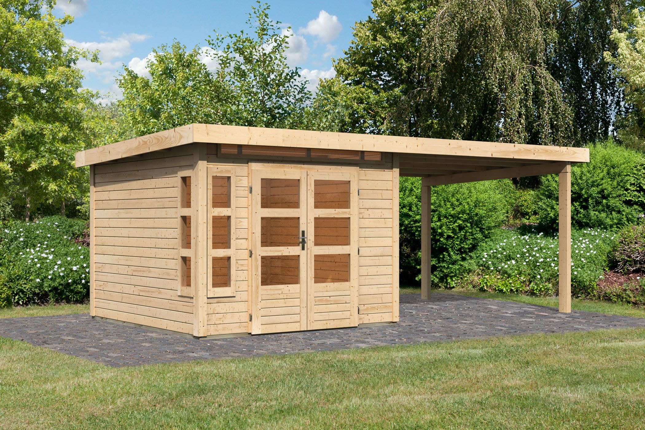 Karibu Gartenhaus »Kolimasee 6«, (Set), mit Anbaudach 3,2 m, naturbelassen