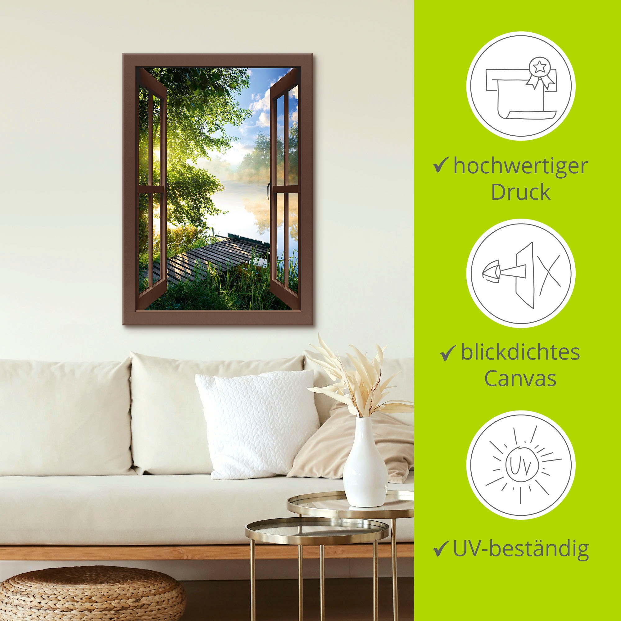 Artland Wandbild »Fensterblick Angelsteg am Fluss«, Fensterblick, (1 St.), als Alubild, Outdoorbild, Leinwandbild, Poster, Wandaufkleber
