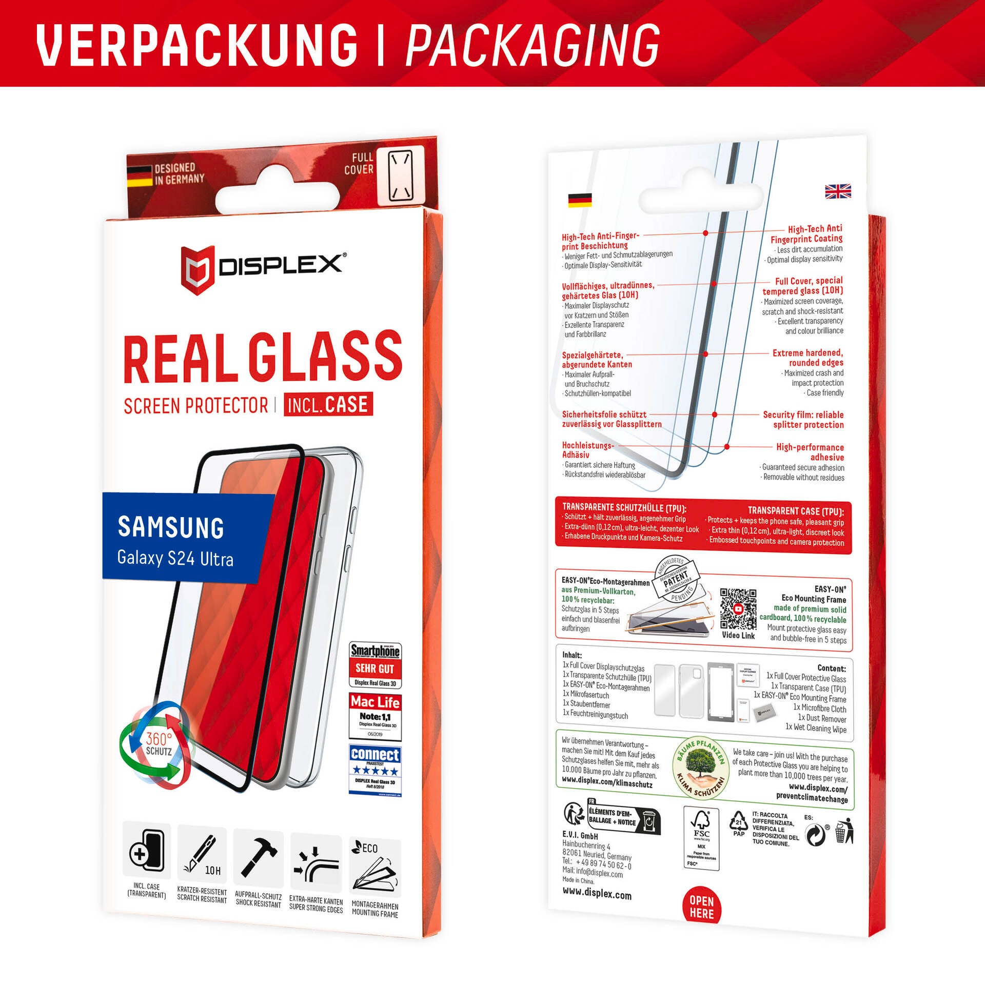 Displex Displayschutzglas »Real Glass + Case«, für Samsung Galaxy S24 Ultra, Displayschutzfolie Displayschutz Rundumschutz 360 Grad splitterfest