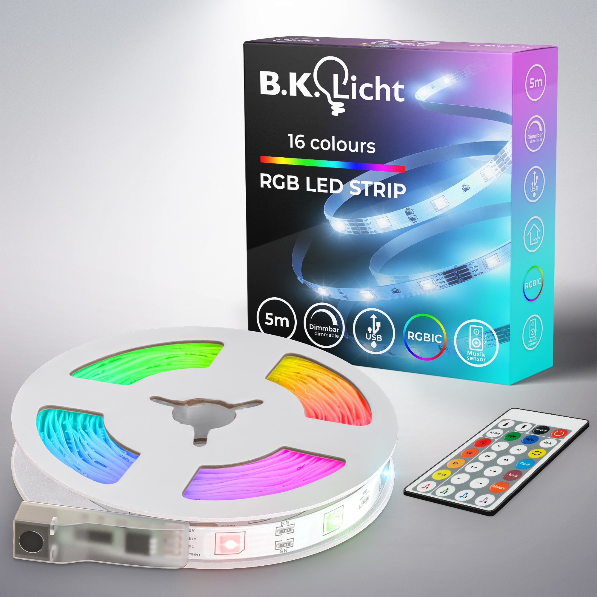 B.K.Licht LED Stripe »USB RGBIC LED Strip, 5 m, mit Farbwechsel«, 150 St.-flammig, Lichtleiste, mit Musiksensor, mit Fernbedienung, selbstklebend