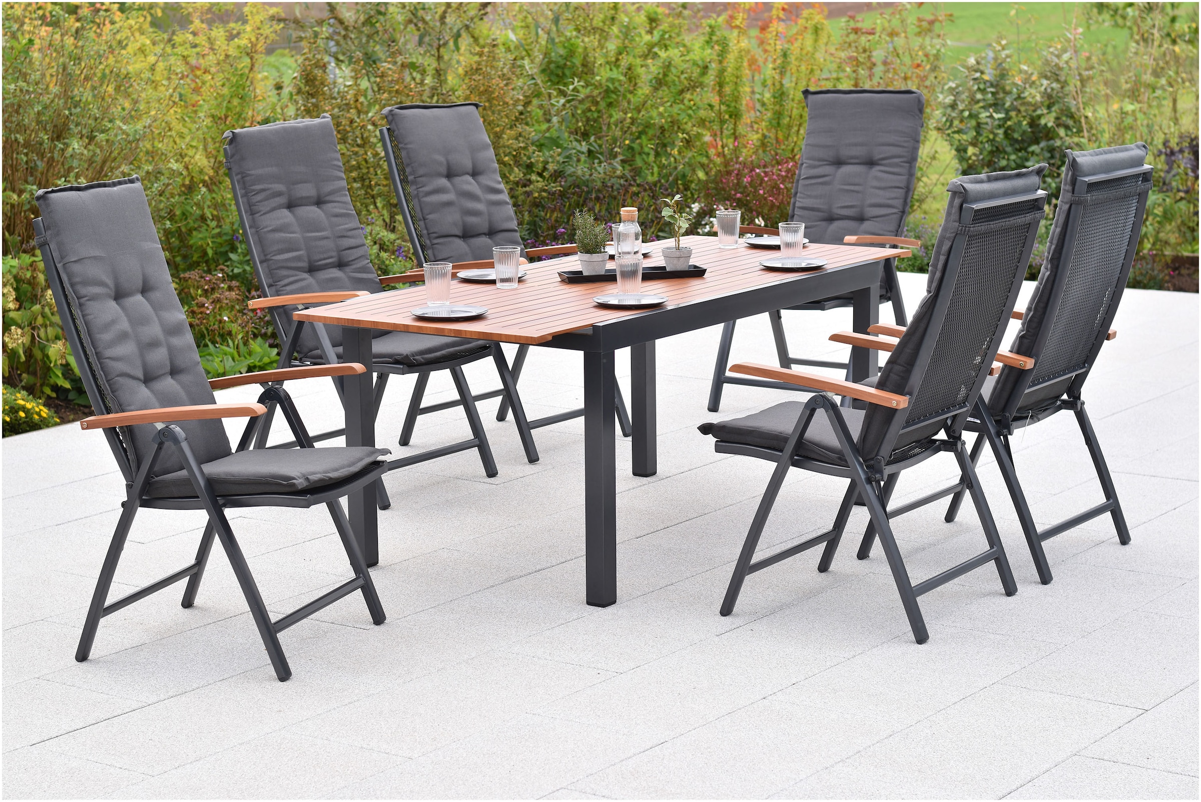 MERXX Garten-Essgruppe »»Thasos««, (Set, 13 tlg.), folierte Armlehnen und Tischplatte in Holzoptik