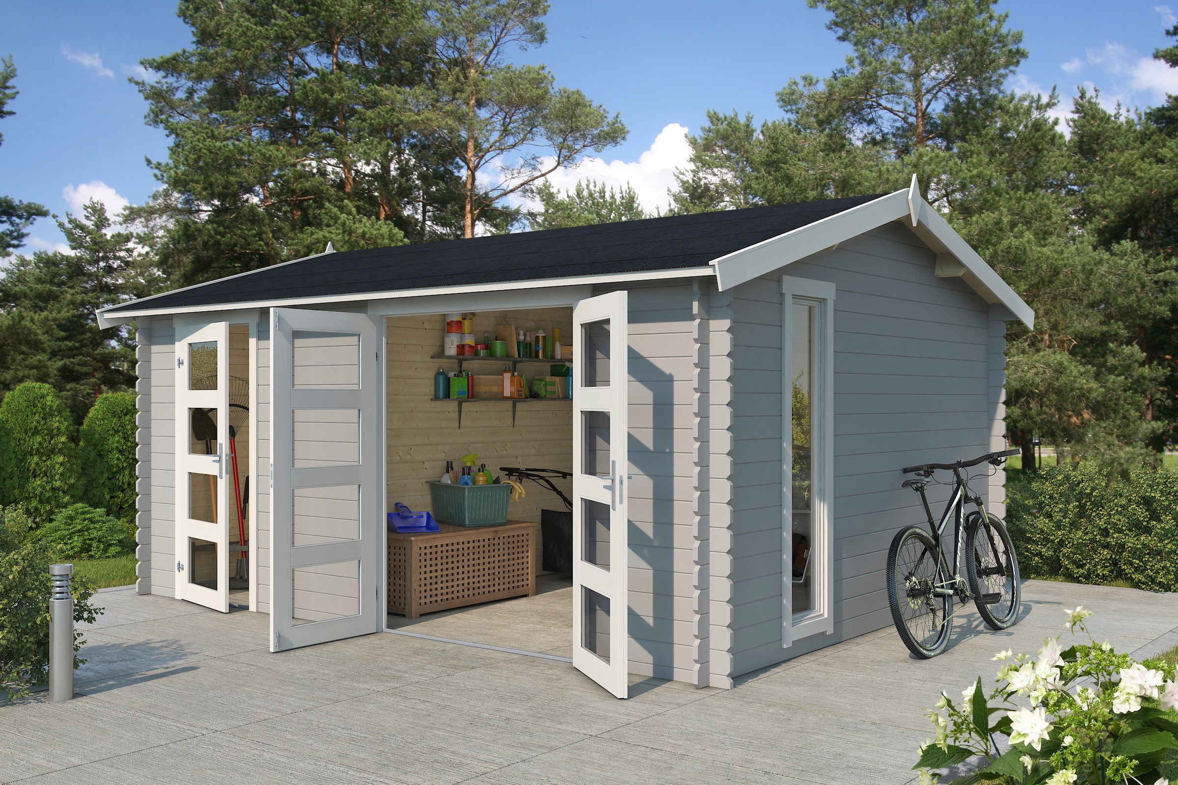 LASITA MAJA Gartenhaus »Carroz 2«, (Set), Blochbohlenhaus 28mm 2-Raum, Fundamentmass 4560x3600, Lichtgrau