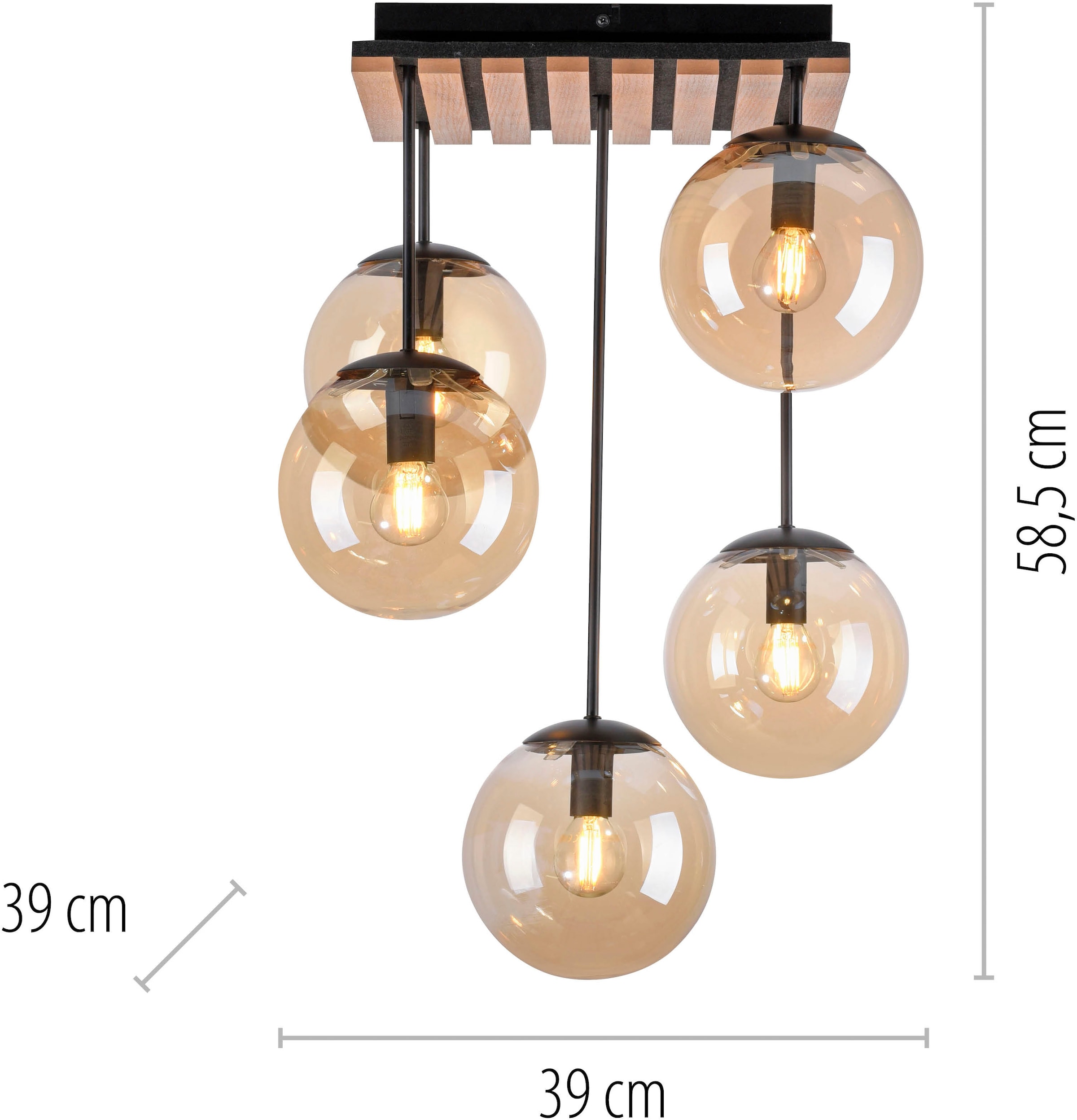 Leonique Deckenleuchte »Erinette Akustikpaneele mit Glaskugeln«, 5 flammig, Leuchtmittel E14 | ohne Leuchtmittel-Leuchtmittel wechselbar, Holz, Akustik, Paneele, Glas, Deckenlampe E14