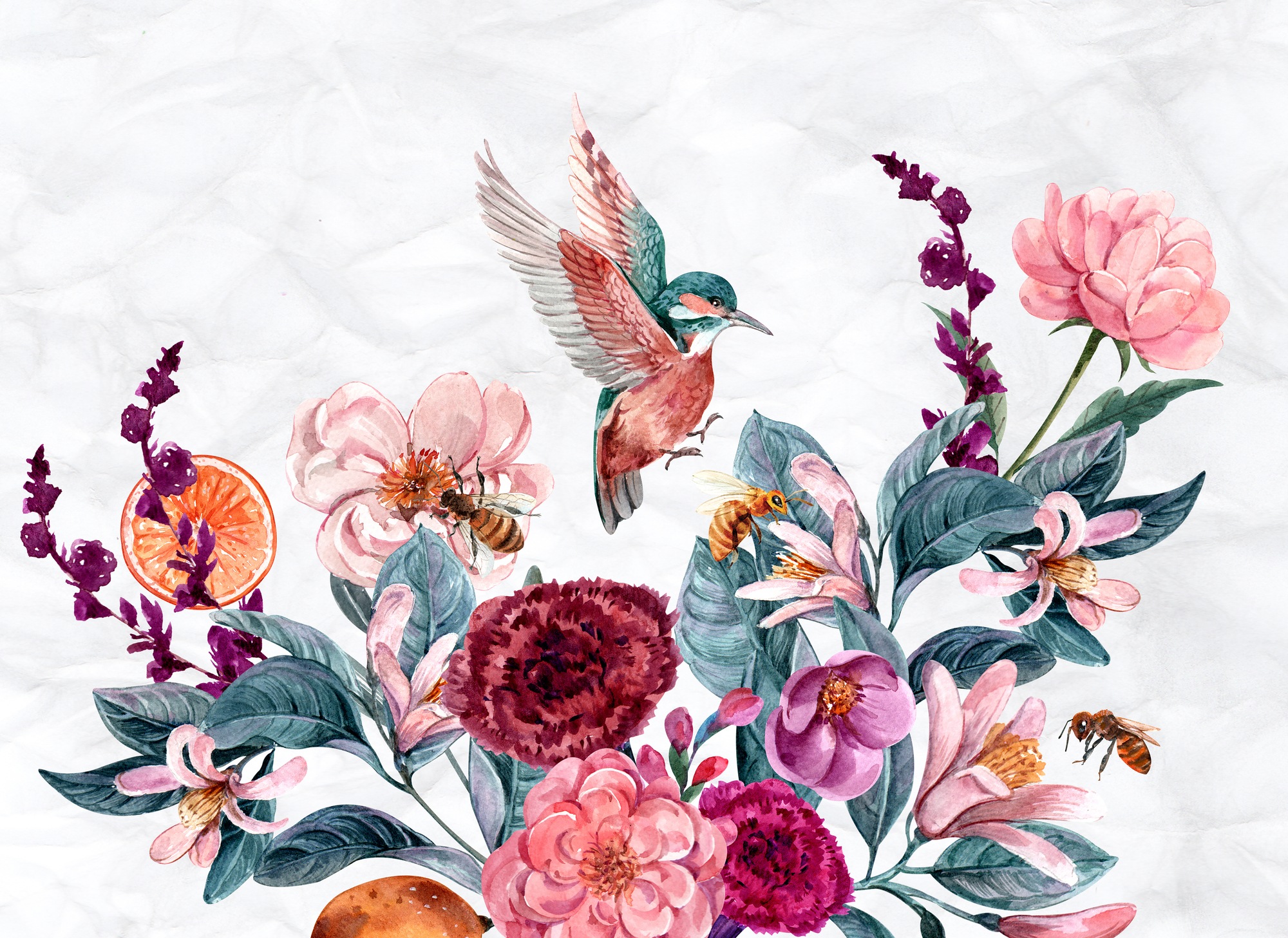 A.S. Création Vliestapete »Fototapete Aquarell Blumen Vogel Bienen Floral« günstig online kaufen