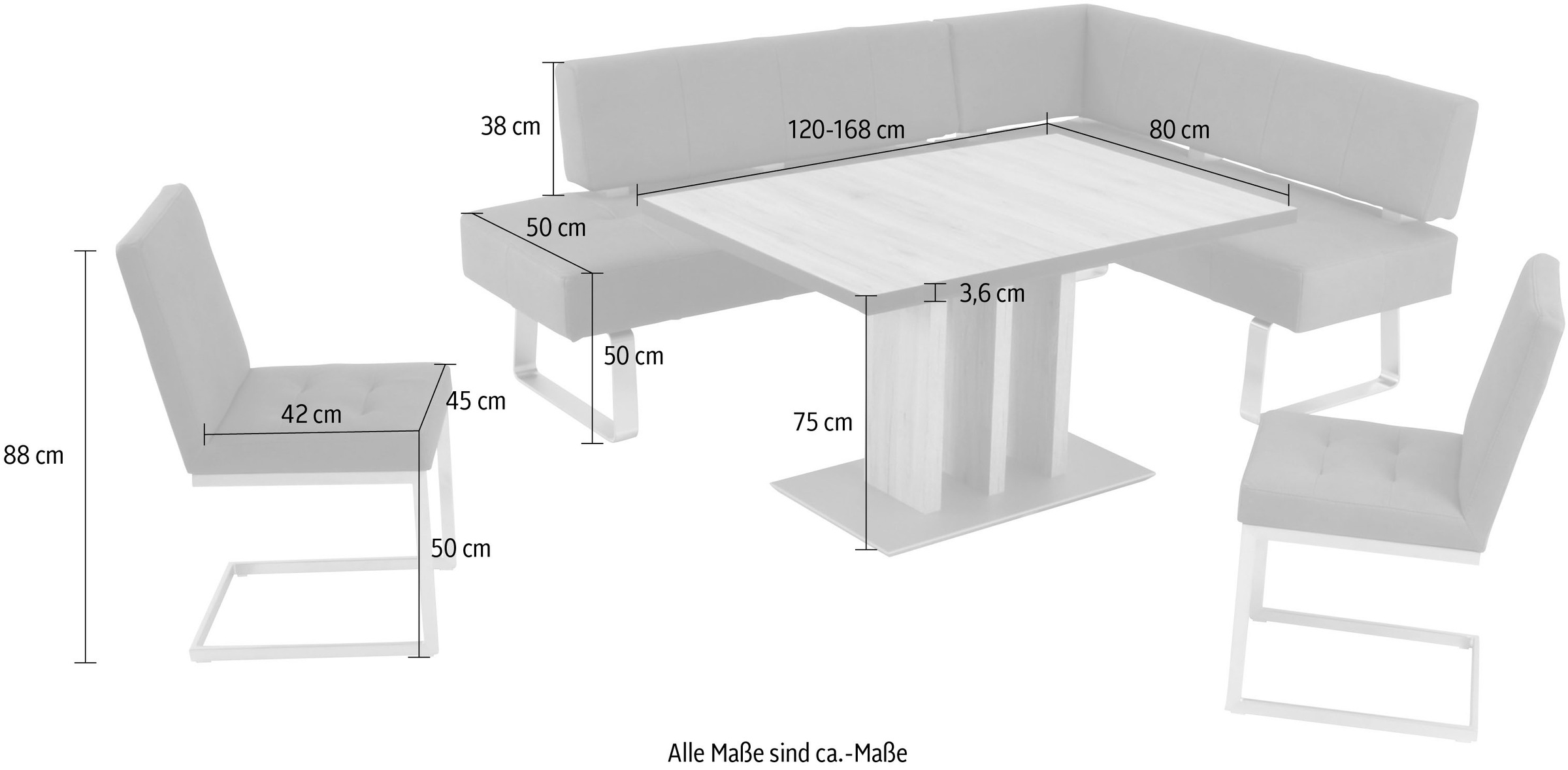 K+W Komfort & Wohnen Eckbankgruppe »Spider II«, (Set, 4 tlg.), langer Schenkel 195cm, 2 Freischwinger, Auszugstisch in Breite 120 cm