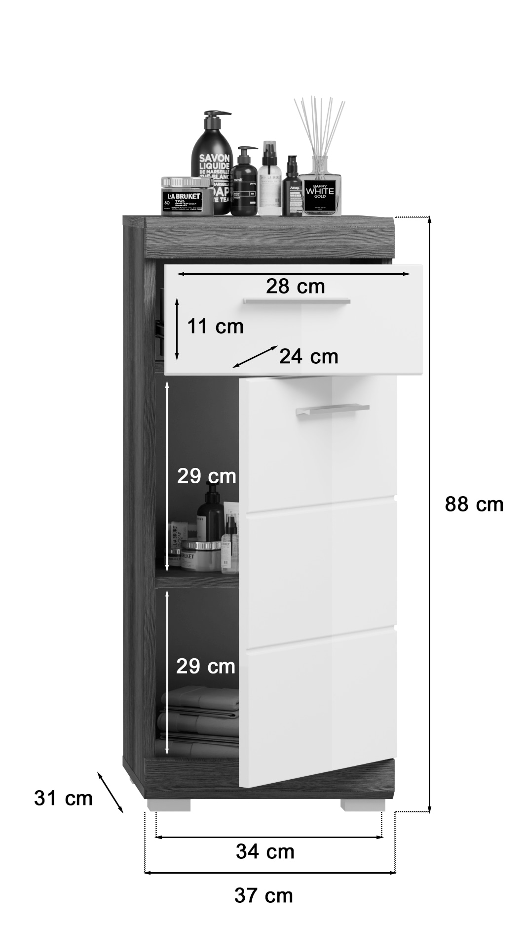 INOSIGN Unterschrank »Siena, Breite 37cm, 1 Tür, 1 Schubkasten, 2 Fächer, MDF-Front«, (1 St.), in verschiedenen Farben erhältlich, Badmöbel, Badschrank, Kommode, Bad