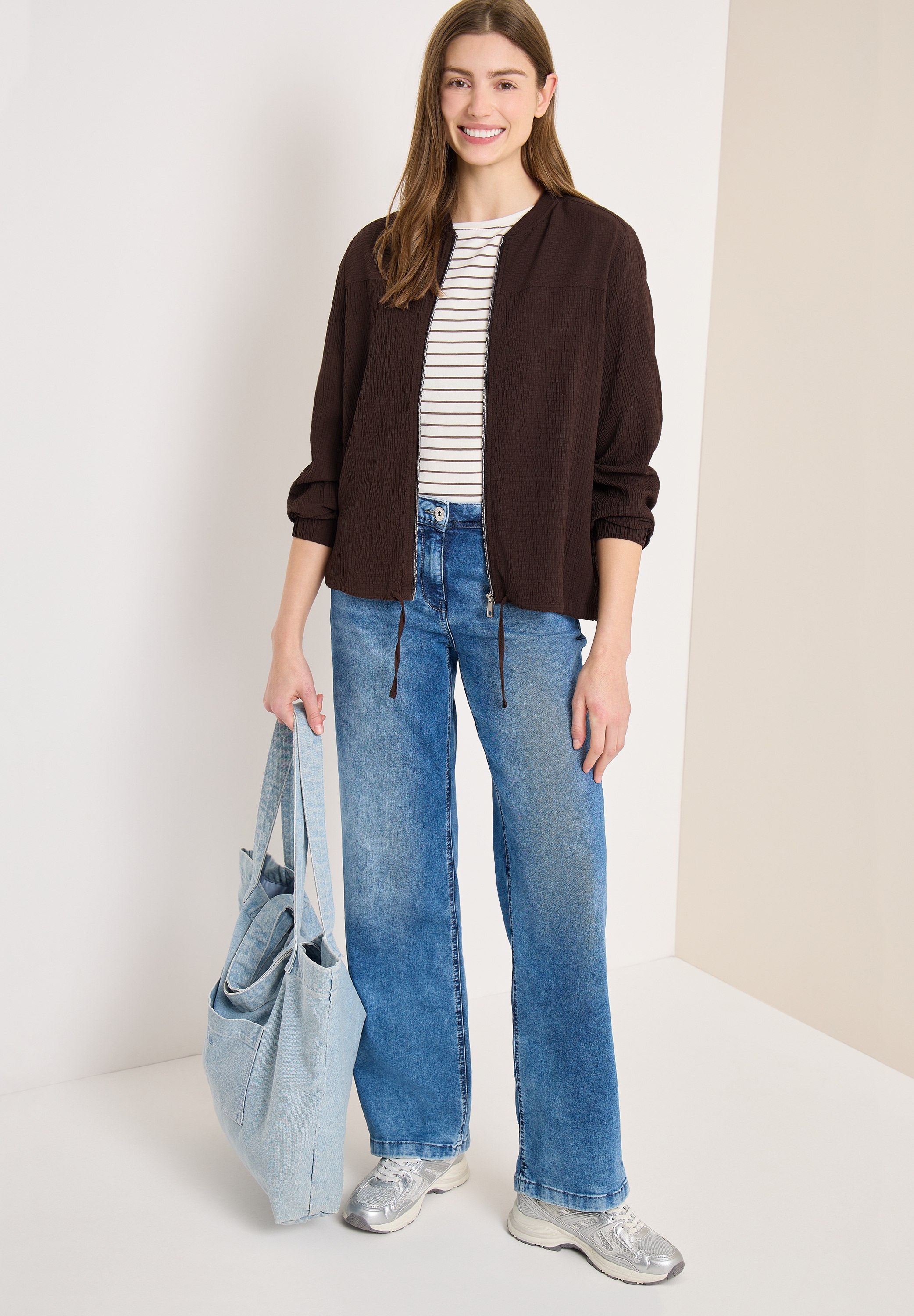 Cecil Langarmbluse Blouson mit Seersucker Struktur