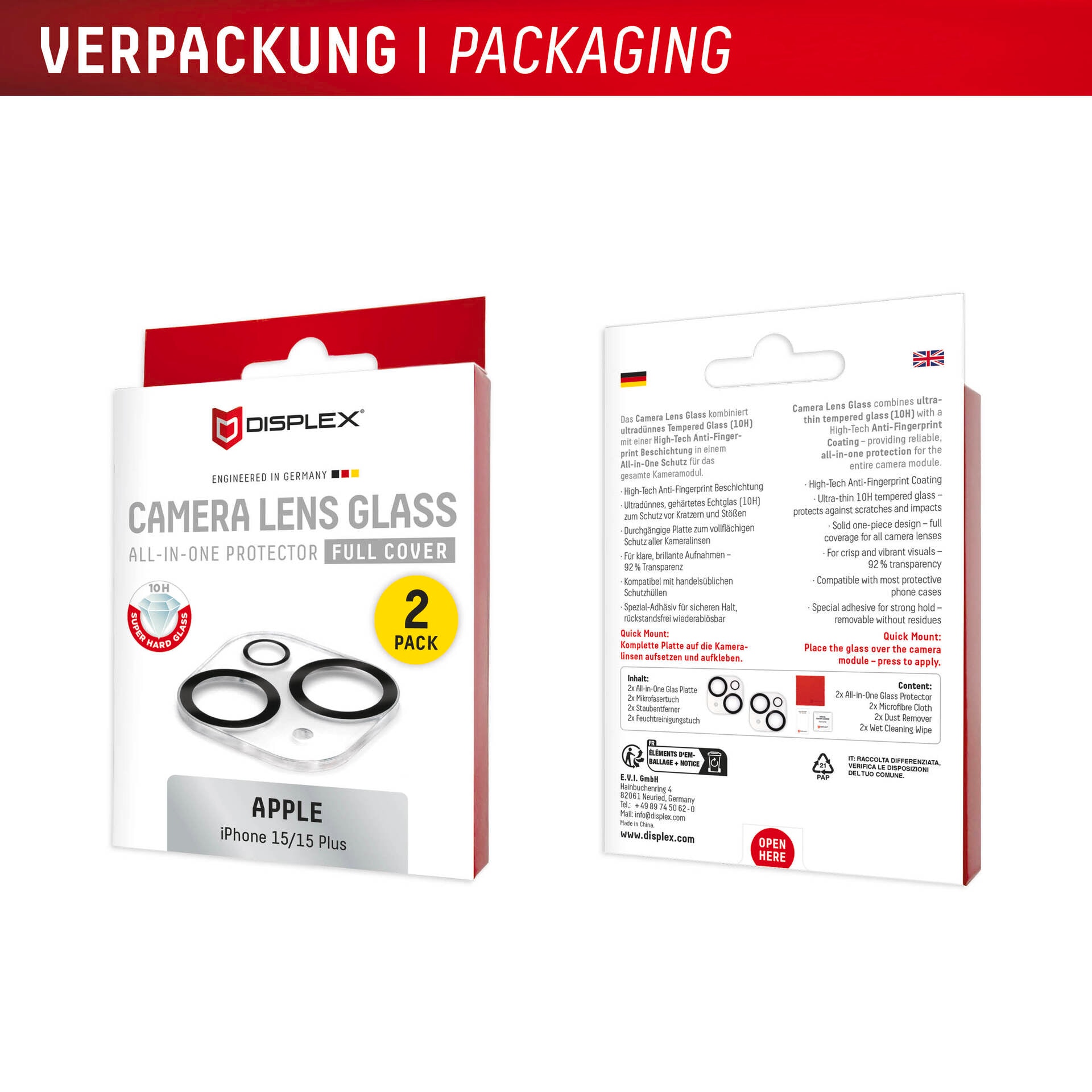 Displex Kameraschutzglas »Camera Lens Glass All-In-One Protector Full Cover« für Apple iPhone 15;Apple iPhone 15 Plus Packung, 2x All-In-One Glas,  Objektivschutz, Kameraschutz, kratz- & stoßfest