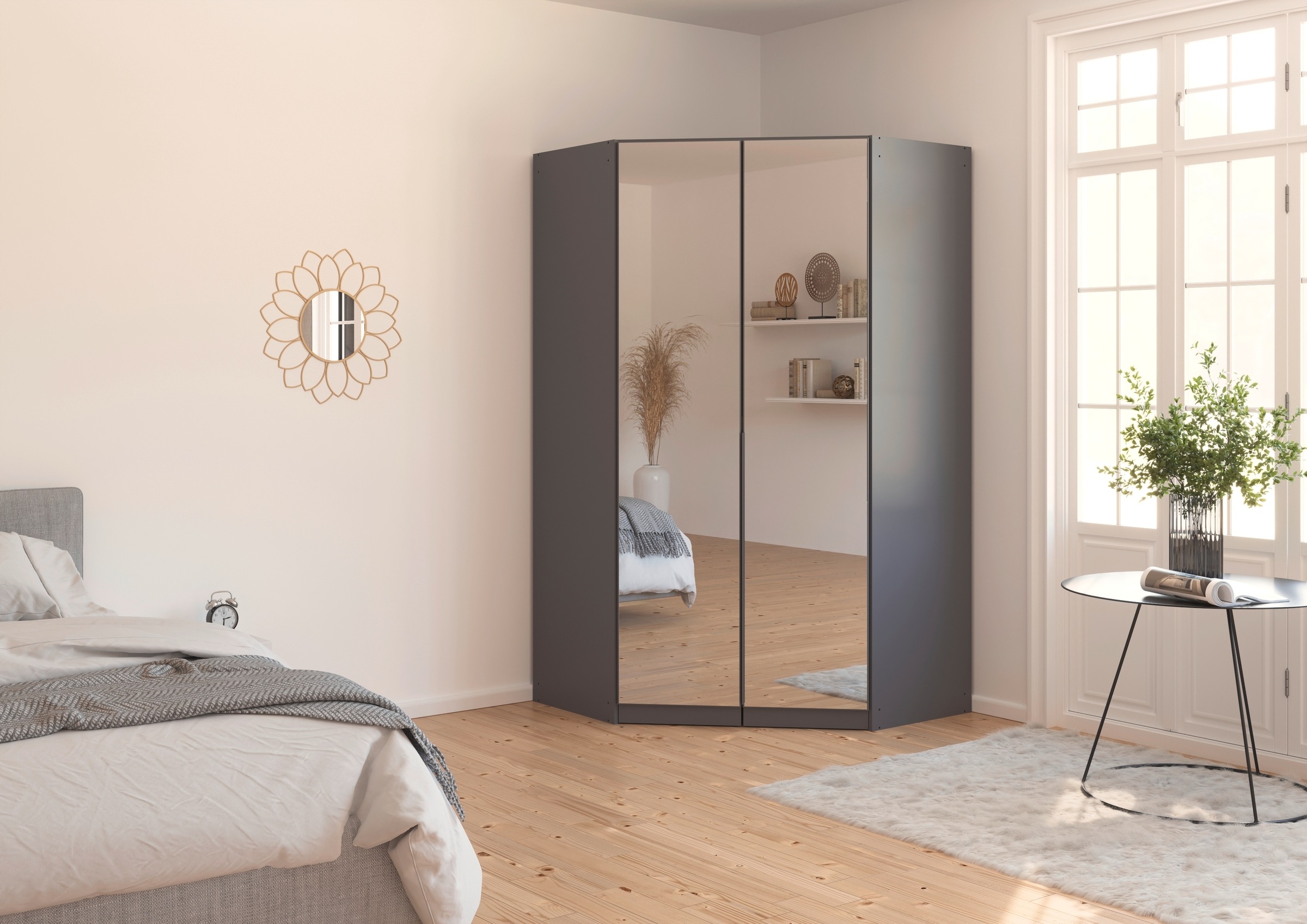 rauch Eckkleiderschrank »Kleiderschrank Schrank Ankleidezimmer Schlafzimmer Garderobe AGORDO«, (in zwei Griff-Farben), mit Spiegeltüren, voll ausgestattet mit viel Stauraum MADE IN GERMANY