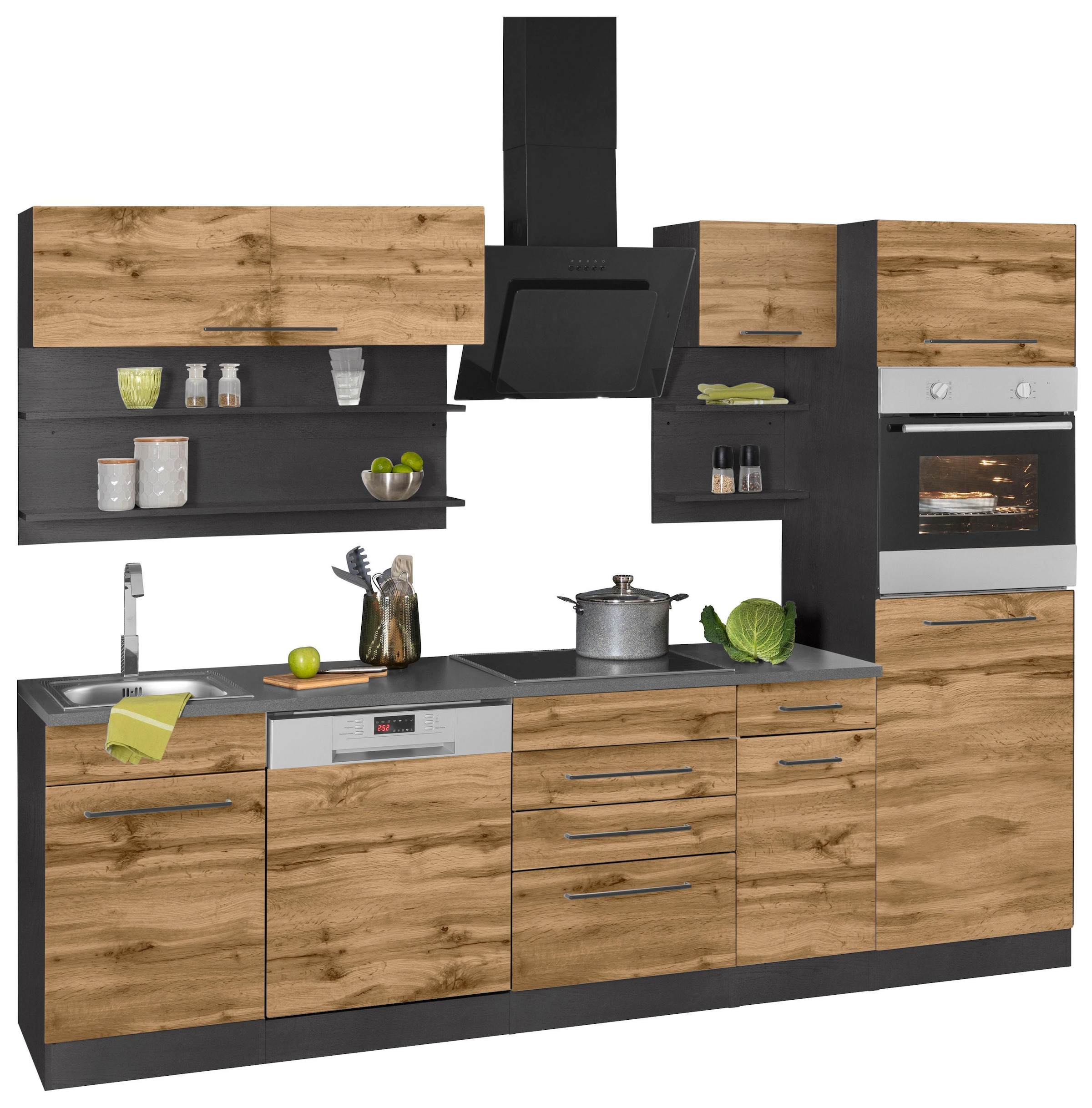 KOCHSTATION Küchenzeile »KS-Tulsa«, ohne E-Geräte, Breite 270 cm, schwarze Metallgriffe, MDF Fronten