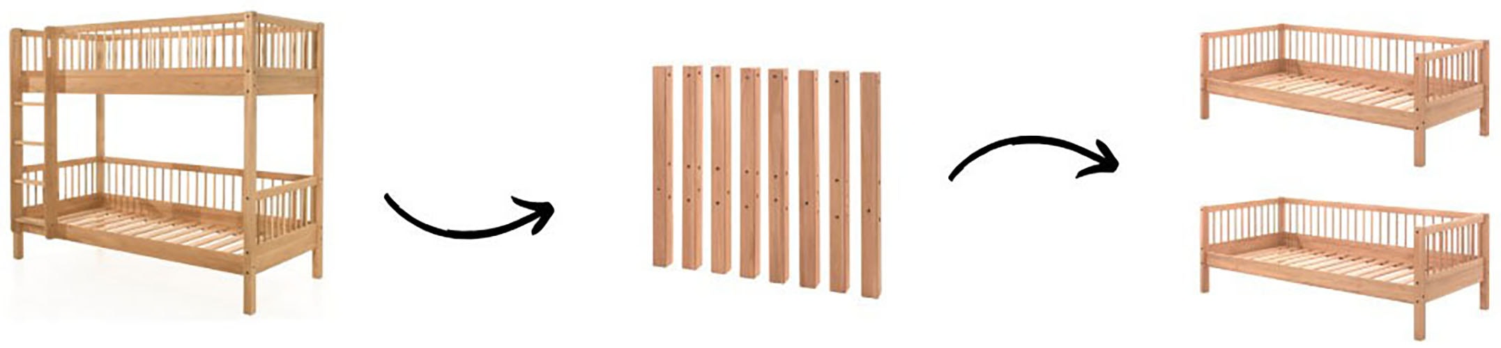 Vipack Etagenbett »Forrest in Buche massiv natur lackiert, umlaufende Sprossen-Optik« 2 Liegeflächen 90/200cm, geteilte Pfosten ca. 55x55 mm, stabil gebaut,  inkl. Lattenrost, rückbaubar zu 2 Einzelbetten zur weiteren Nutzung