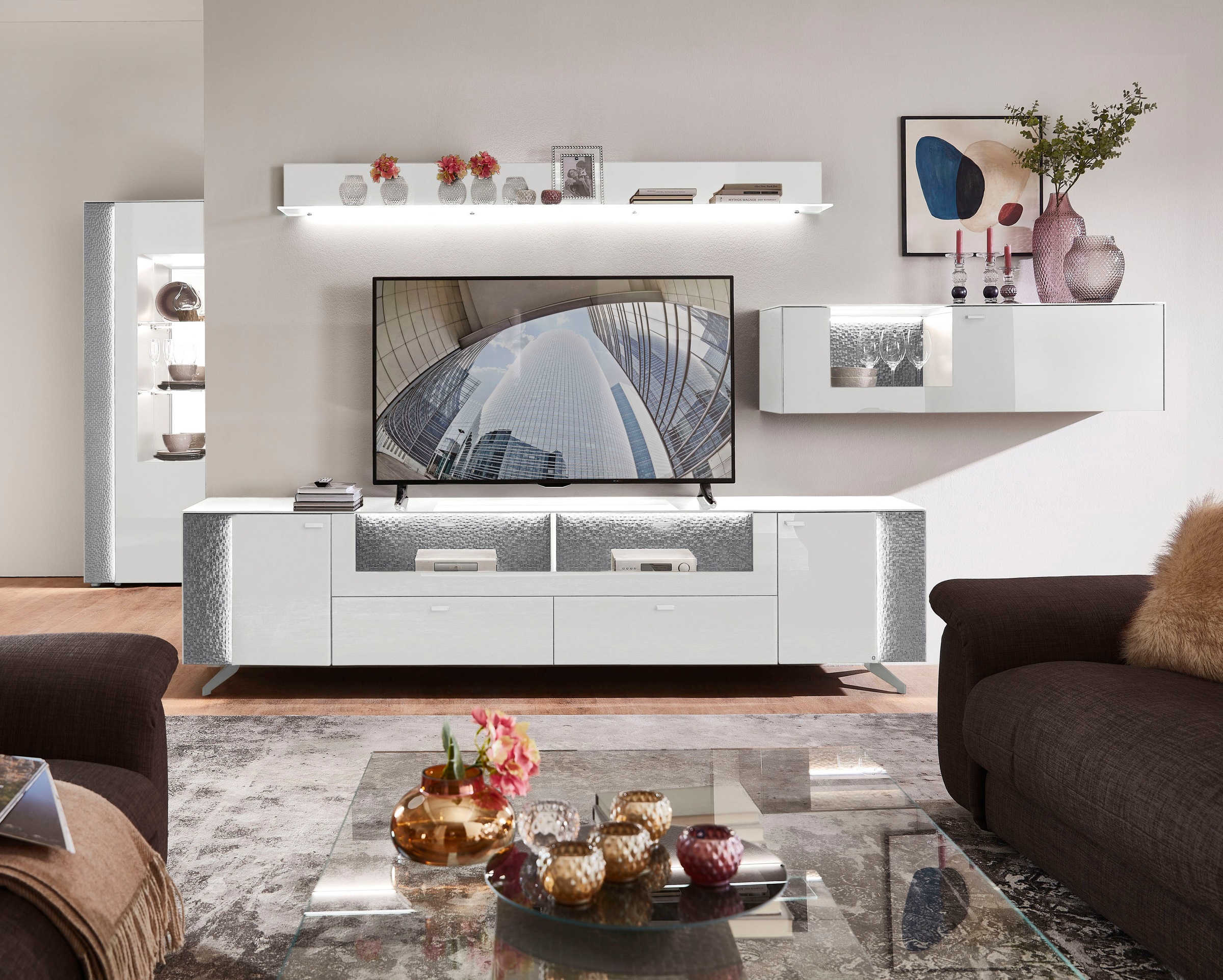 LEONARDO Lowboard »AUREA« mit Pailletten-Akzent, wahlweise mit Beleuchtung Lack weiß/Paillette silber metallic