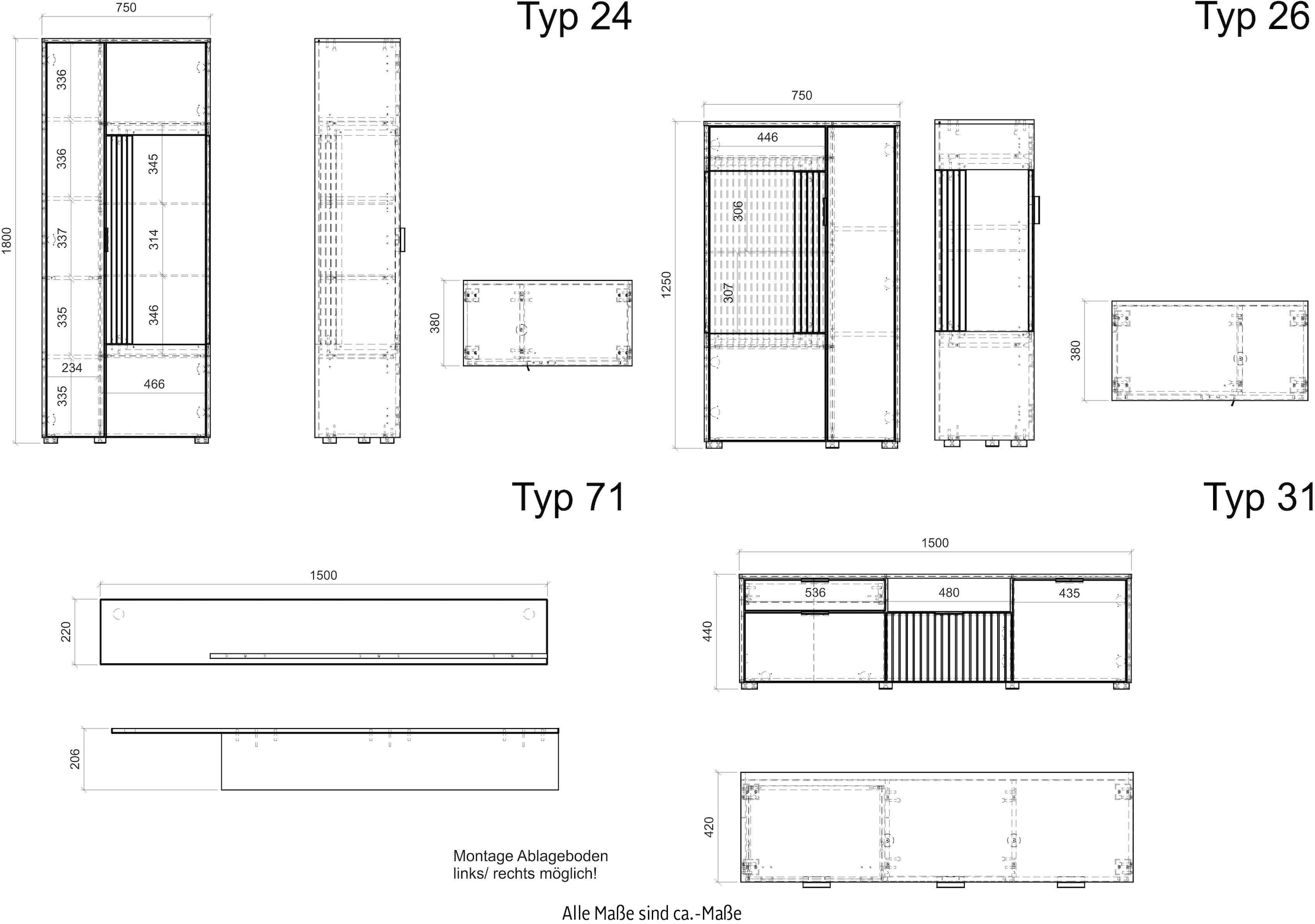 INOSIGN Wohnwand »HUDSON«, (Set, 4 St.), mit moderner Rillenoptik, Griffe aus Metall (Schwarz), Breite 320 cm