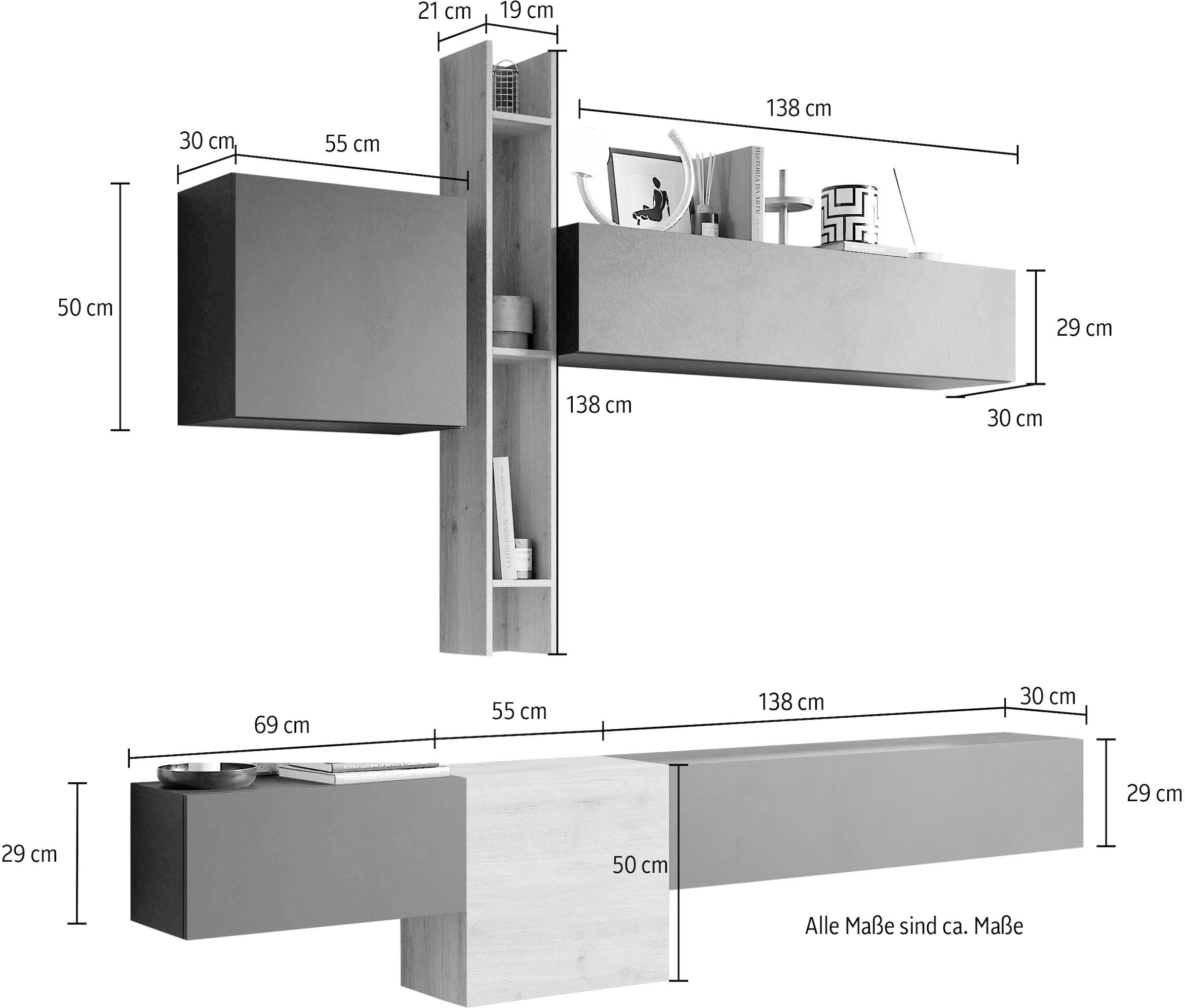 INOSIGN Wohnwand »INFINITY, 6tlg. Breite 262 cm, Höhe variabel, Schrankwand, Anbauwand«, (6 St.), (Lowboard hängend, 2x Hängeschrank, 2x Hängewürfel, Wandregal)