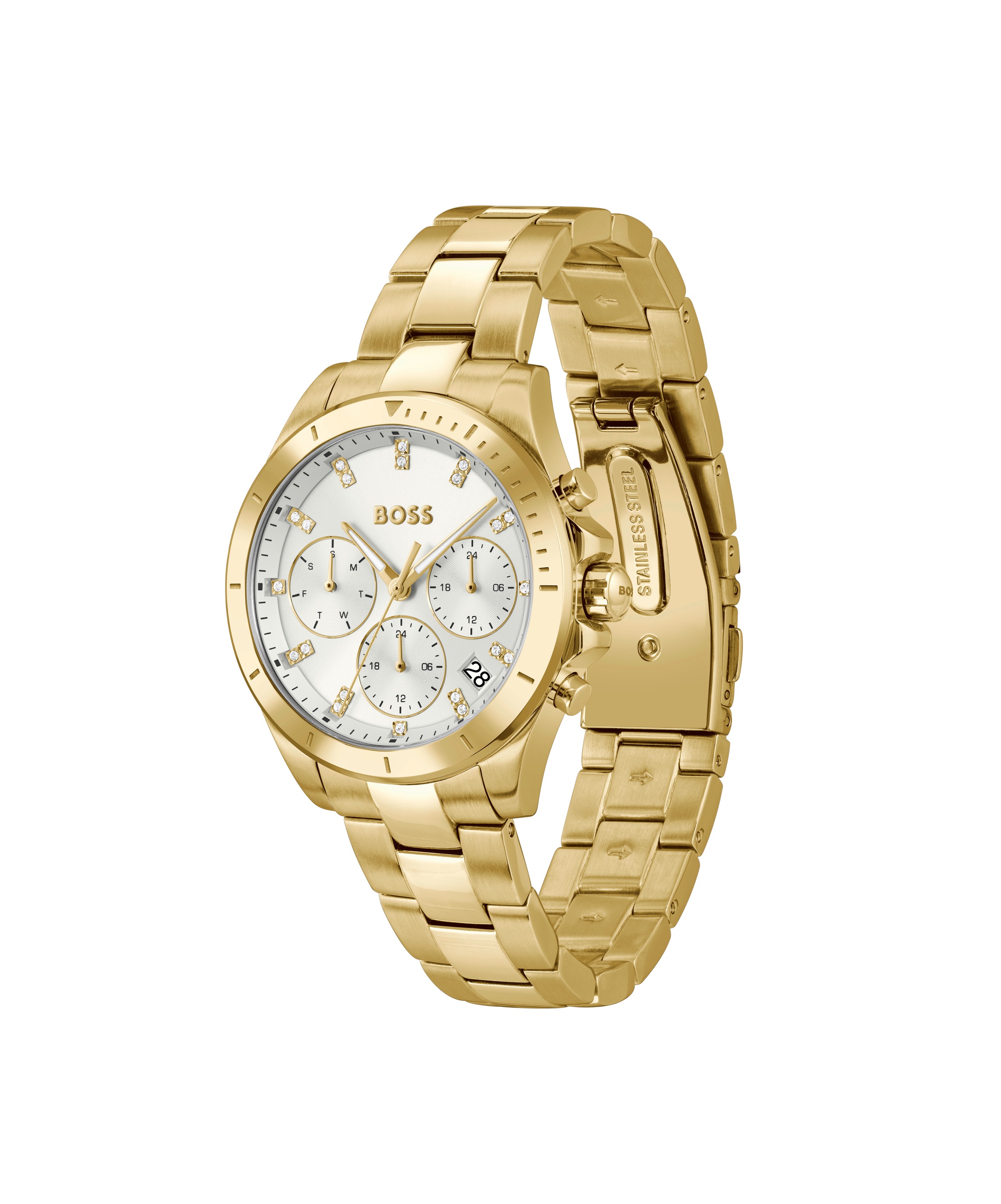 BOSS Multifunktionsuhr »ALLEY«, Quarzuhr, Armbanduhr, Damenuhr, Edelstahlarmband, analog, Tag