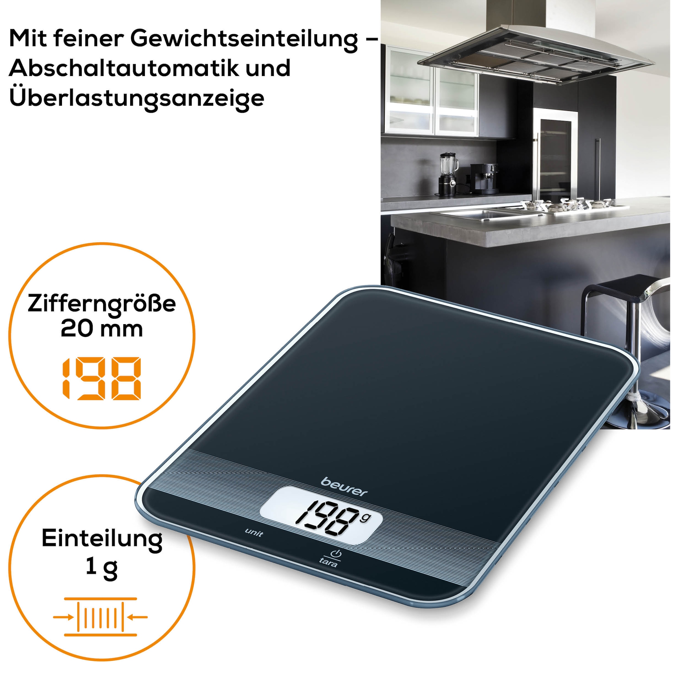 BEURER Küchenwaage »KS 19 flaches Design mit 16 mm, leicht zu reinigende Glasoberfläche« Koch- und Backwaage mit 5 kg Tragkraft, mit Tara-Zuwiegefunktion