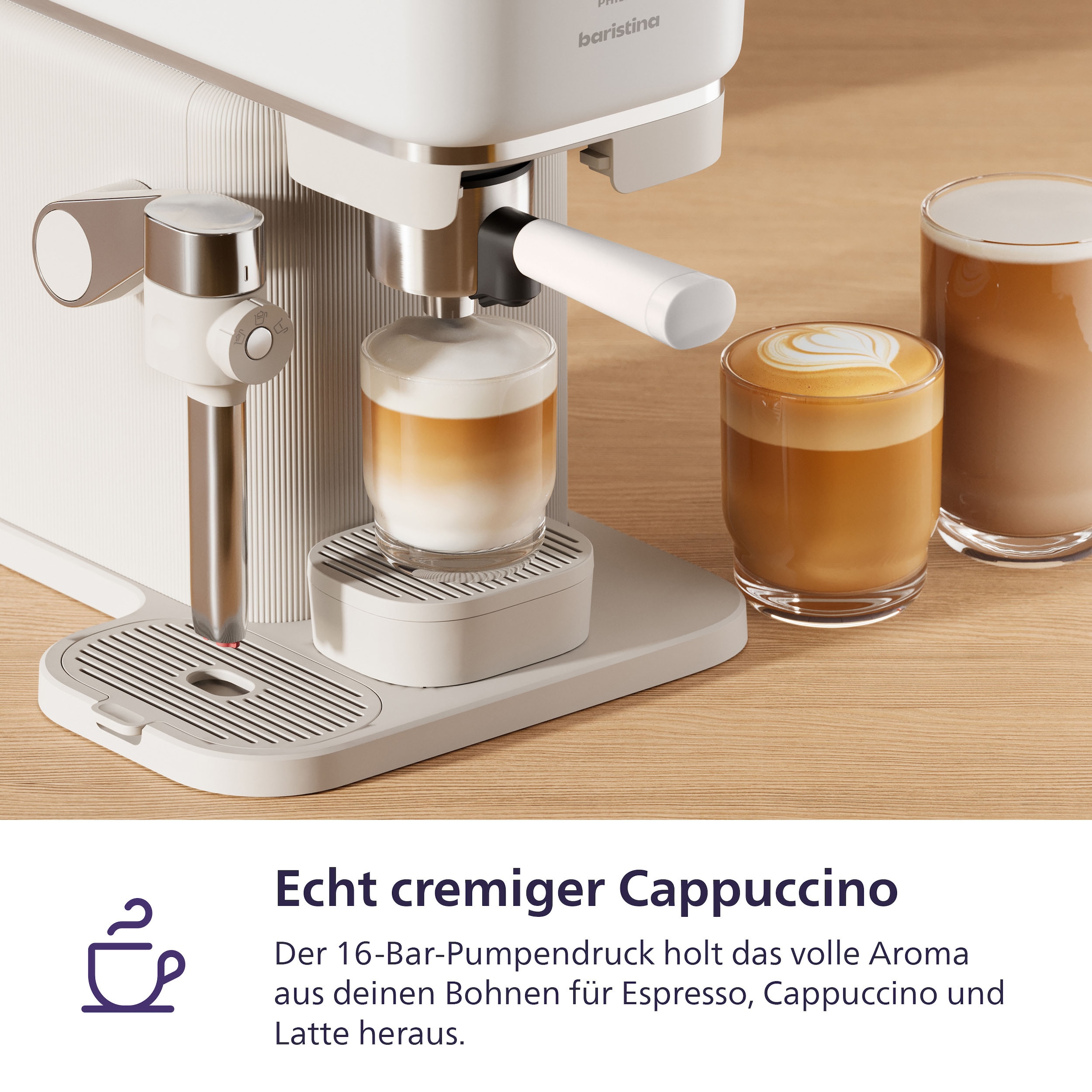 PHILIPS baristina Espressomaschine »Latte BAR400/00 mit Mahlwerk für ganze Bohnen und Milchschaumdüse« 3 Schaumarten, 16 bar Pumpendruck, Naturweiß/Weiß
