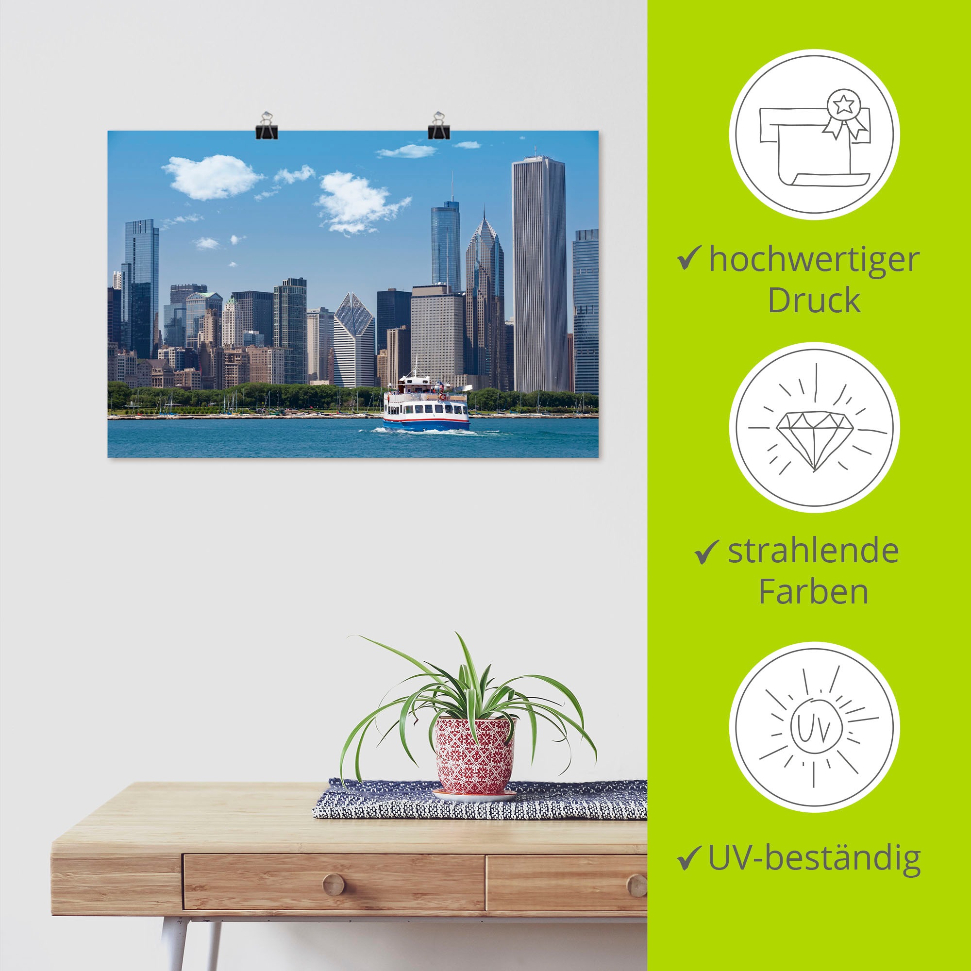 Artland Poster »Chicago Skyline«, Amerika, (1 St.), als Alubild, Leinwandbild, Wandaufkleber oder Poster in versch. Größen