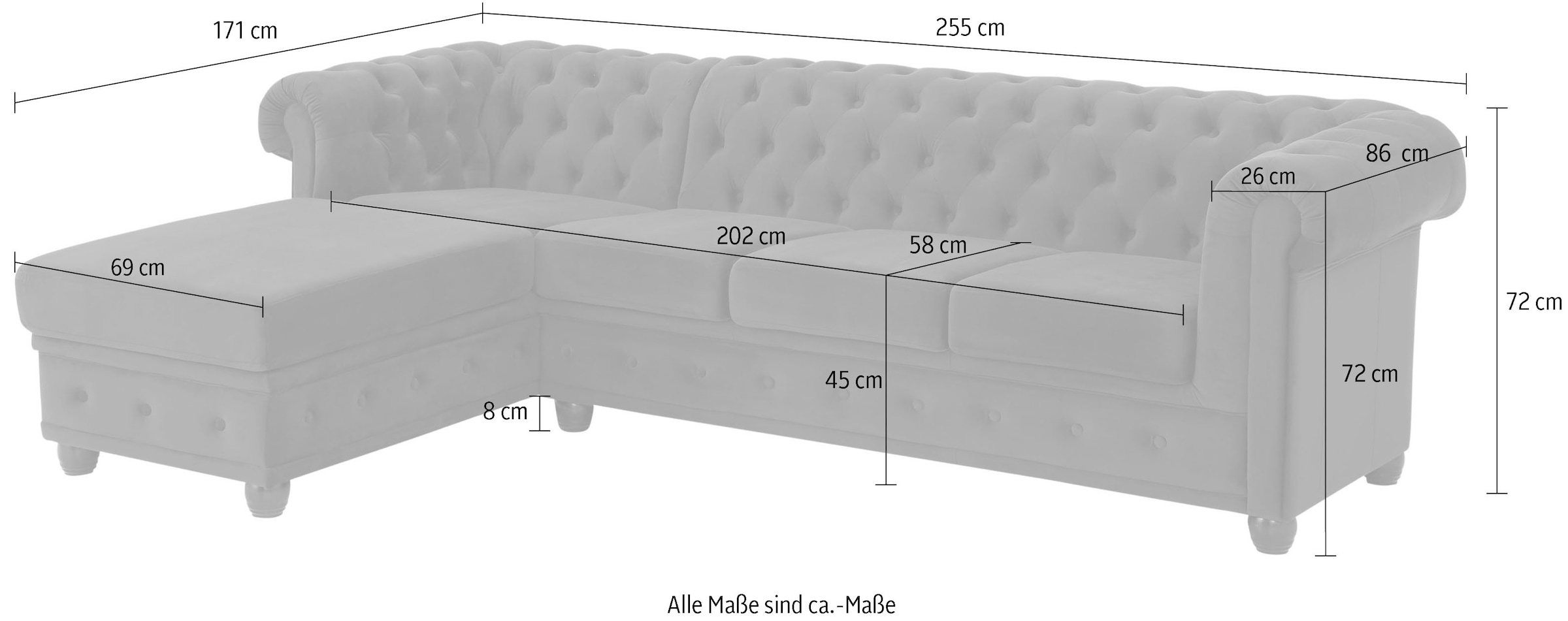 Home affaire Chesterfield-Sofa »New Castle L-Form«, hochwertige Knopfheftung in Chesterfield-Design, B/T/H: 255(171/72)