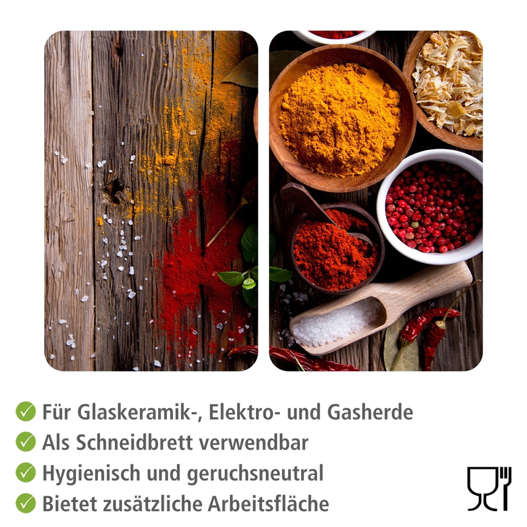 WENKO Herd-Abdeckplatte »Universal Modell Gewürze«, (Set, 2 tlg.), Herdabdeckung für alle Herdarten, kratzfest, mit rutschfesten Füßen
