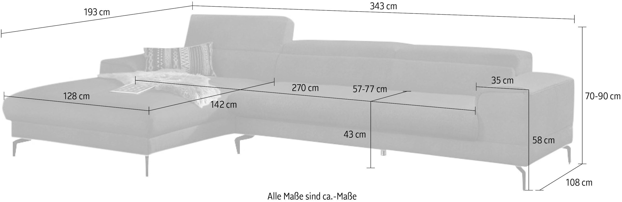W.SCHILLIG Ecksofa »piedroo, Designsofa mit tollem Sitzkomfort, bequem und elegant, L-Form«, Kopfteilverstellung, wahlweise mit Sitztiefenverstellung, Breite 343cm