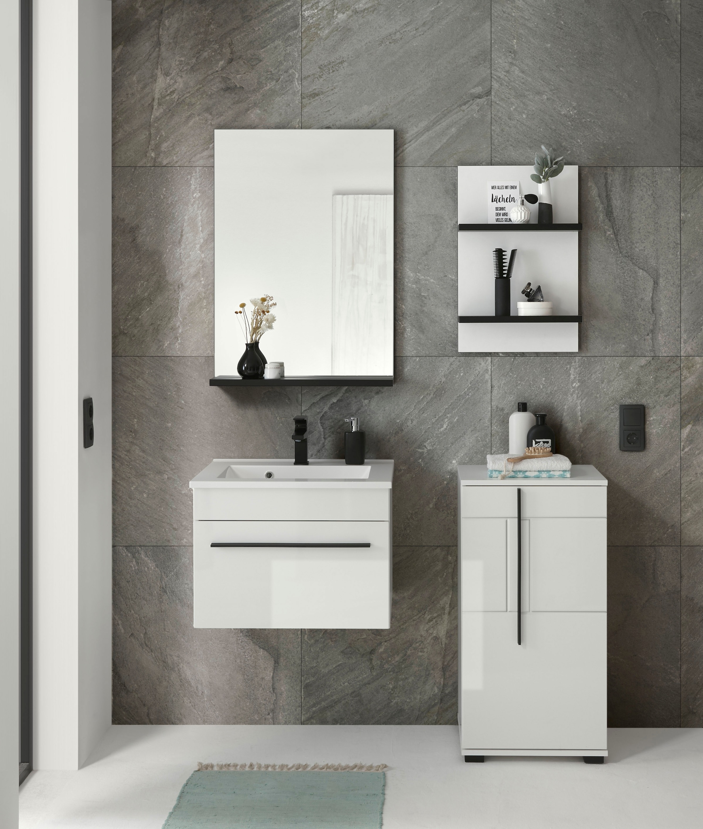 INOSIGN Badmöbel-Set »Cantara, Bad im modernen Design, 4-teiliges Badezimmer«, (Set, 4 St.), Waschtisch, Schrank, Hängeregal und Spiegel, in Weiß Hochglanz