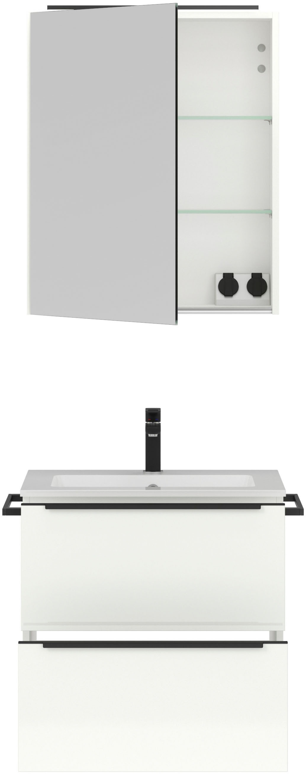 nobilia® Badmöbel-Set »Levere«, (2 St., vormontiert, mit Soft-Close), inkl. Spiegelschrank mit Beleuchtung und Dimmerfunktion, in 4 Breiten